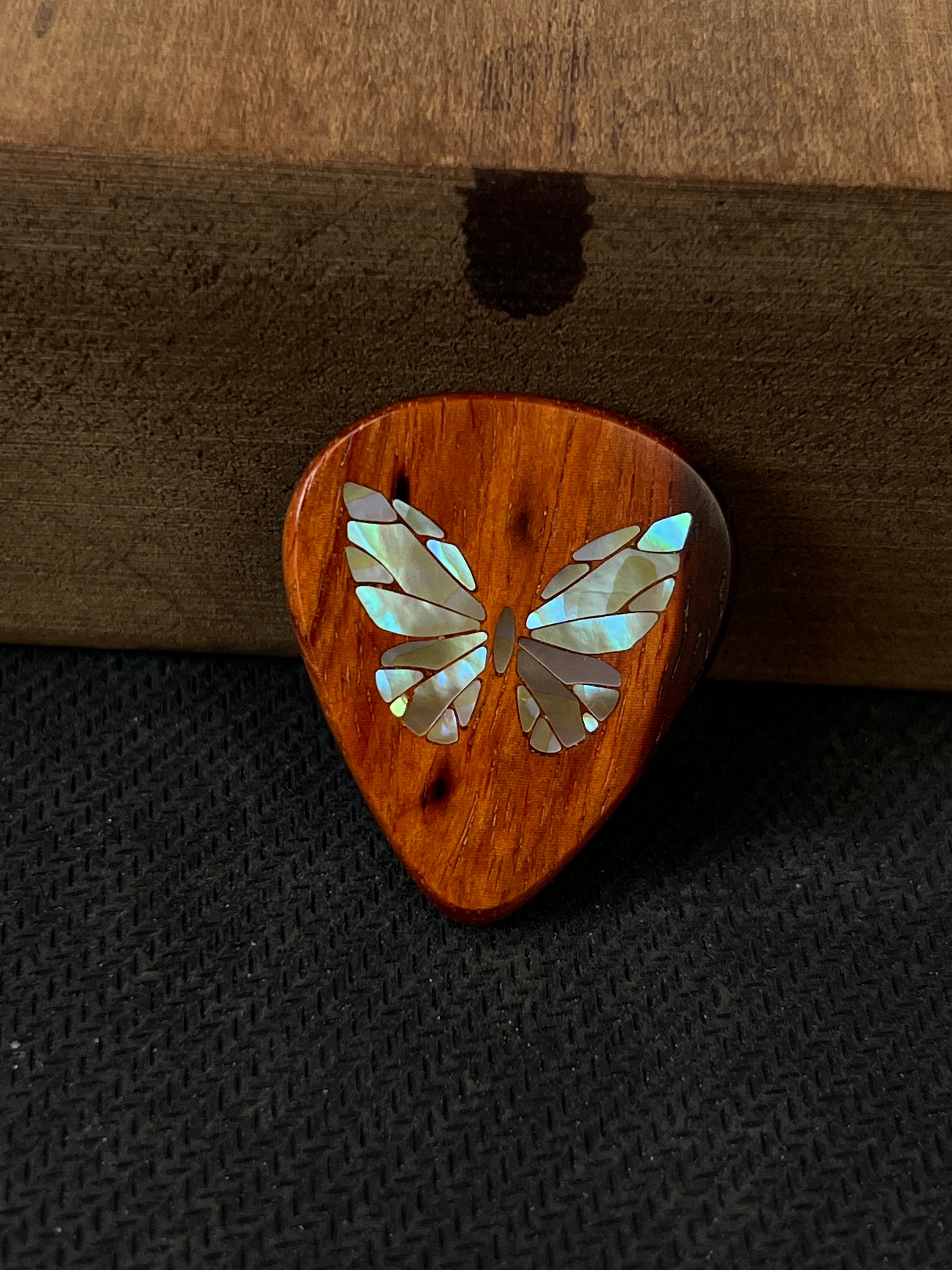 Handmade Wooden Guitar Pick with Mother of Pearl Butterfly Inlay