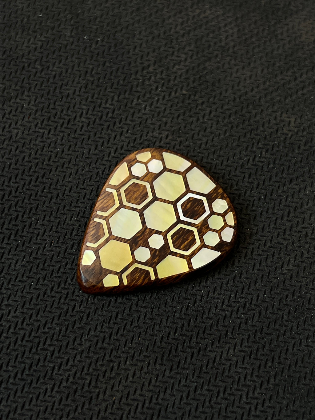 Handmade Wooden Guitar Pick with Mother of Pearl Honeycomb Inlay