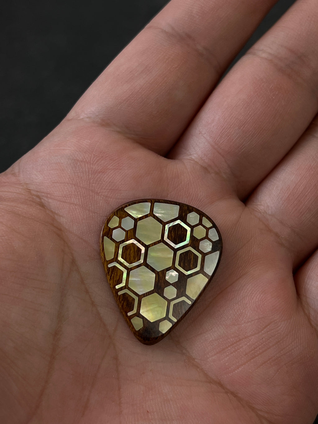 Handmade Wooden Guitar Pick with Mother of Pearl Honeycomb Inlay
