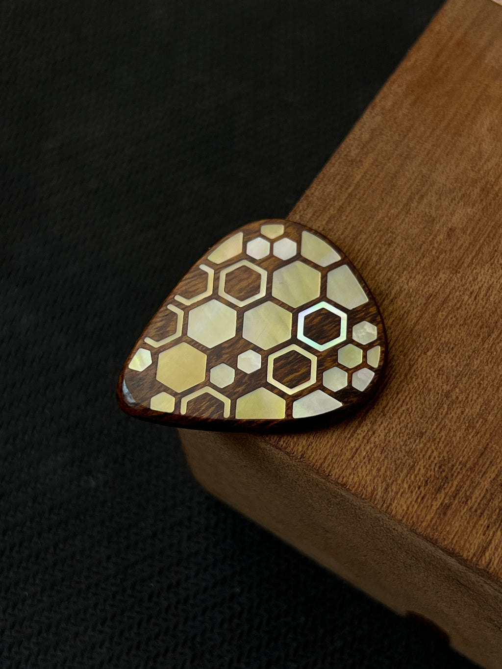 Handmade Wooden Guitar Pick with Mother of Pearl Honeycomb Inlay