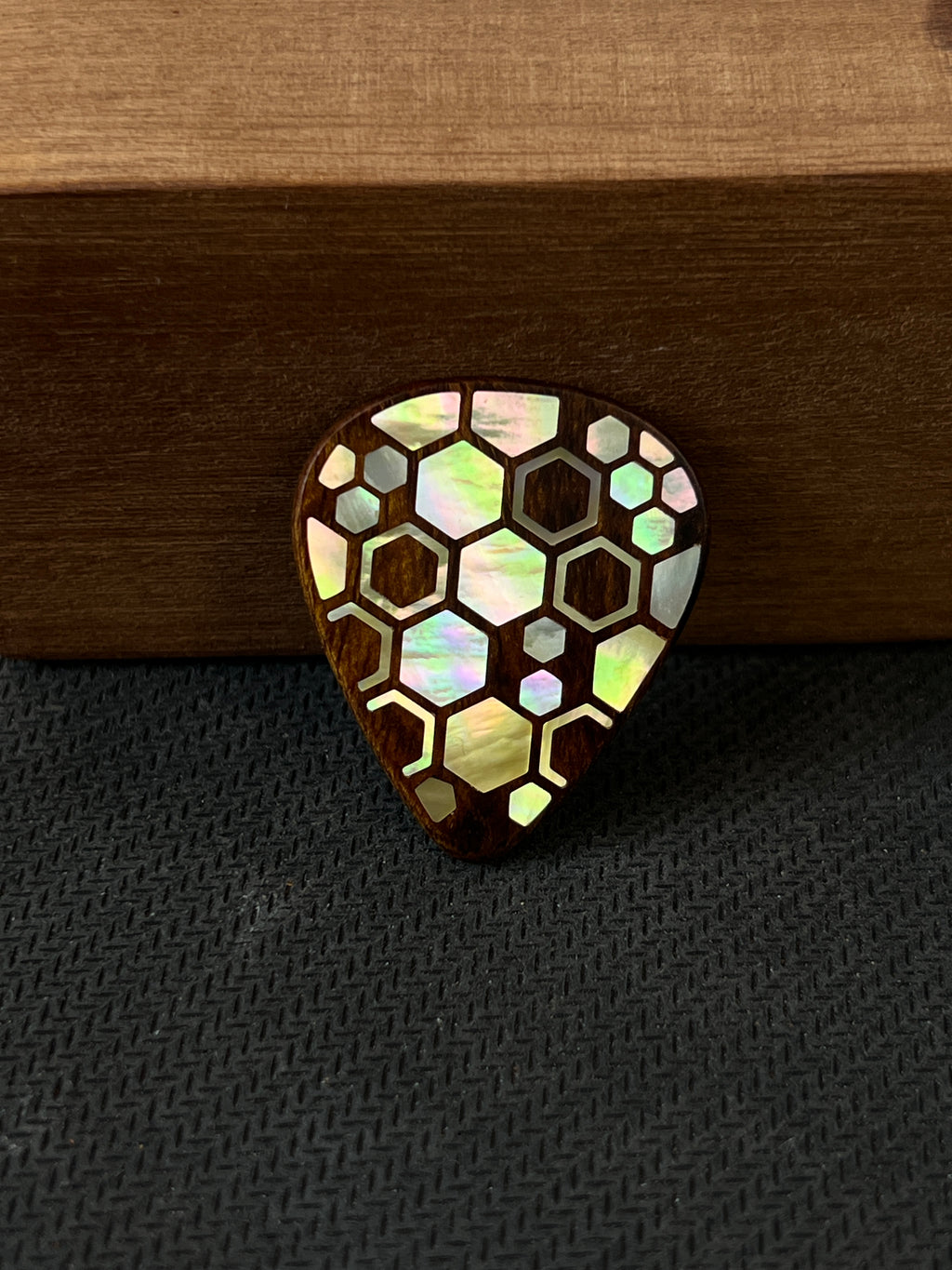 Handmade Wooden Guitar Pick with Mother of Pearl Honeycomb Inlay