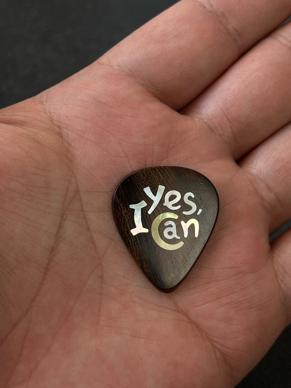 Handmade Wooden Guitar Pick with Mother of Pearl Yes I Can Inlay