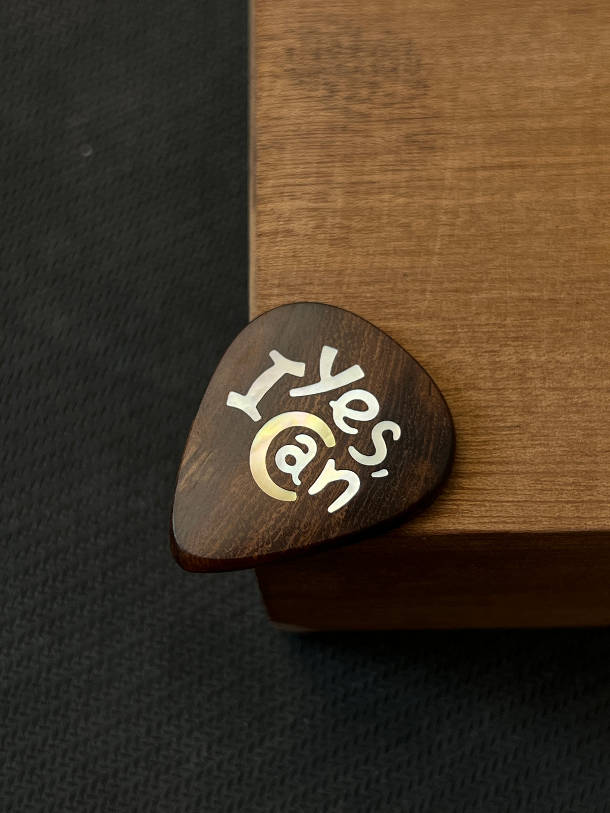 Handmade Wooden Guitar Pick with Mother of Pearl Yes I Can Inlay