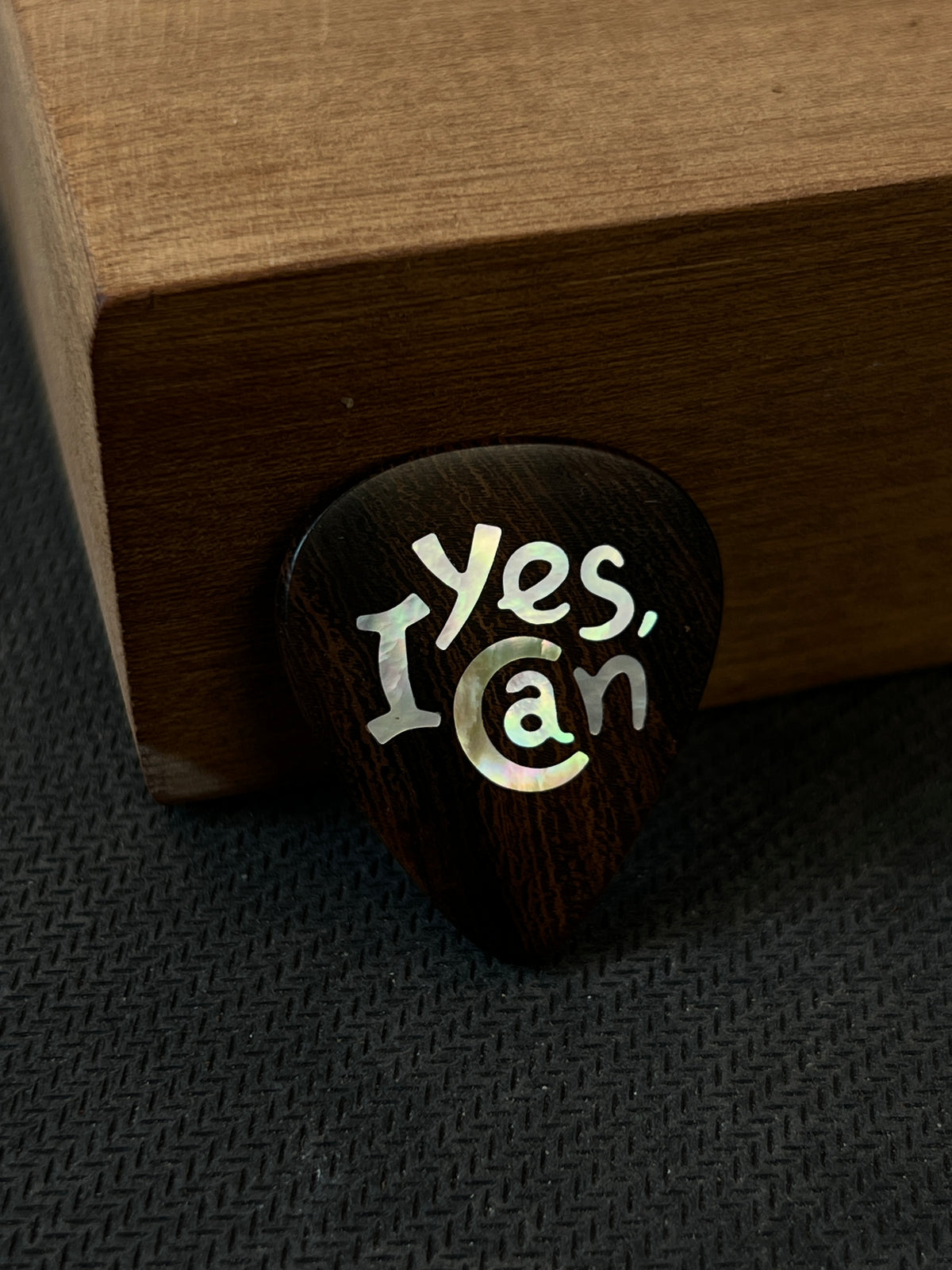 Handmade Wooden Guitar Pick with Mother of Pearl Yes I Can Inlay
