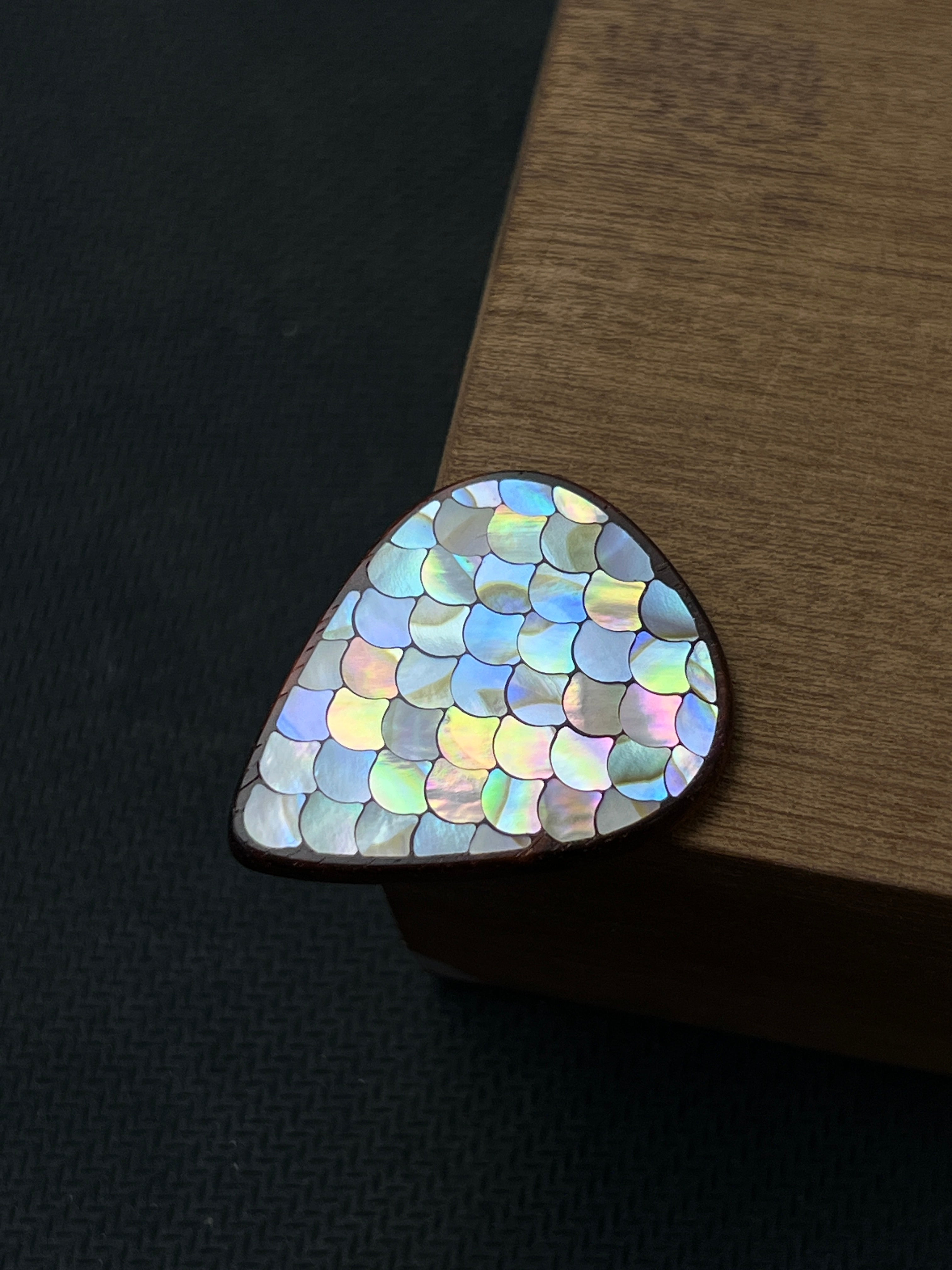 Handmade Wooden Guitar Pick with Mother of Pearl Dragon Scale Inlay