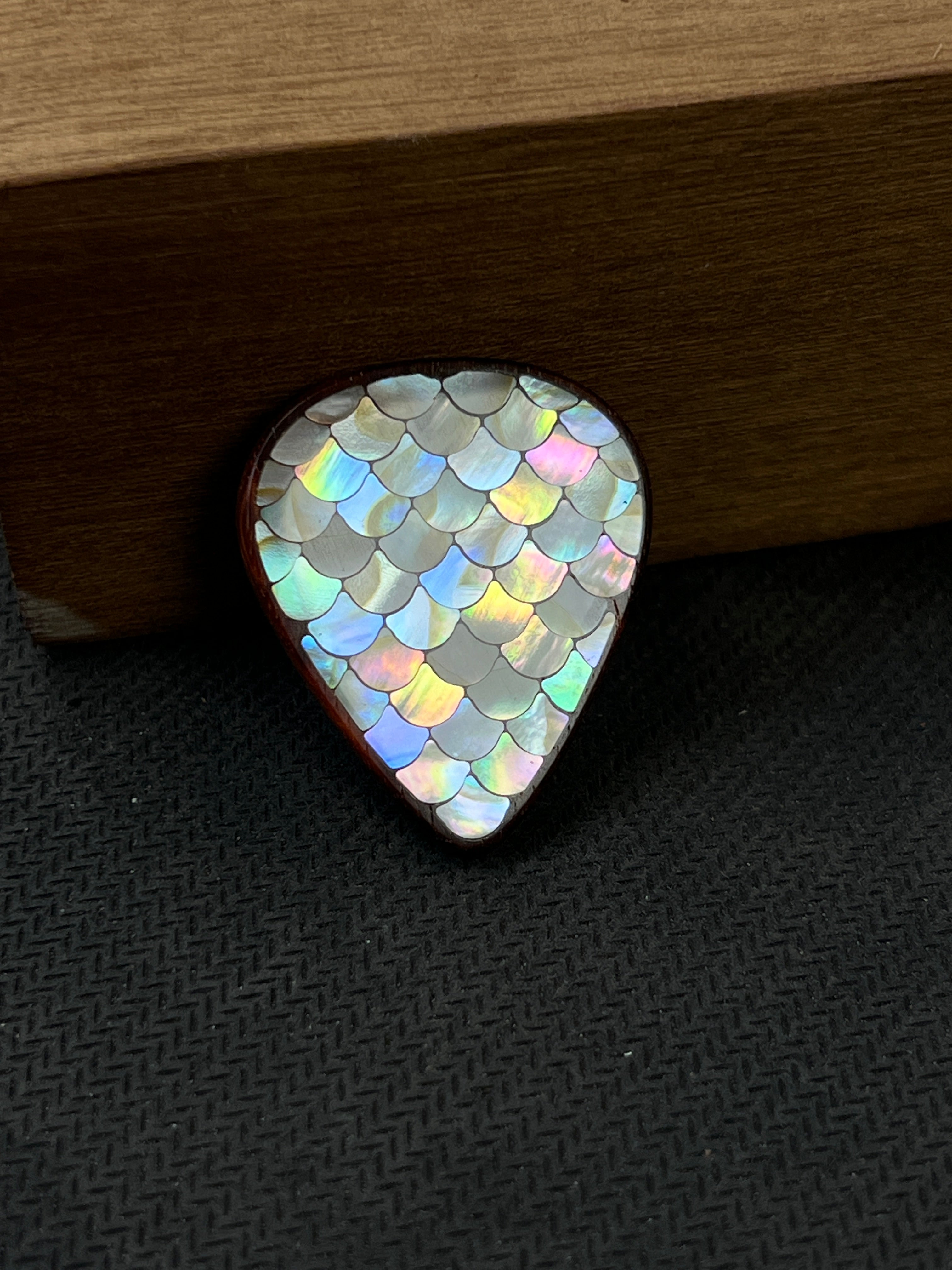 Handmade Wooden Guitar Pick with Mother of Pearl Dragon Scale Inlay