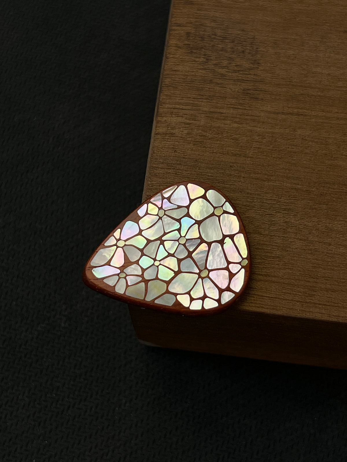 Handmade Wooden Guitar Pick with Floral Mother of Pearl Inlay