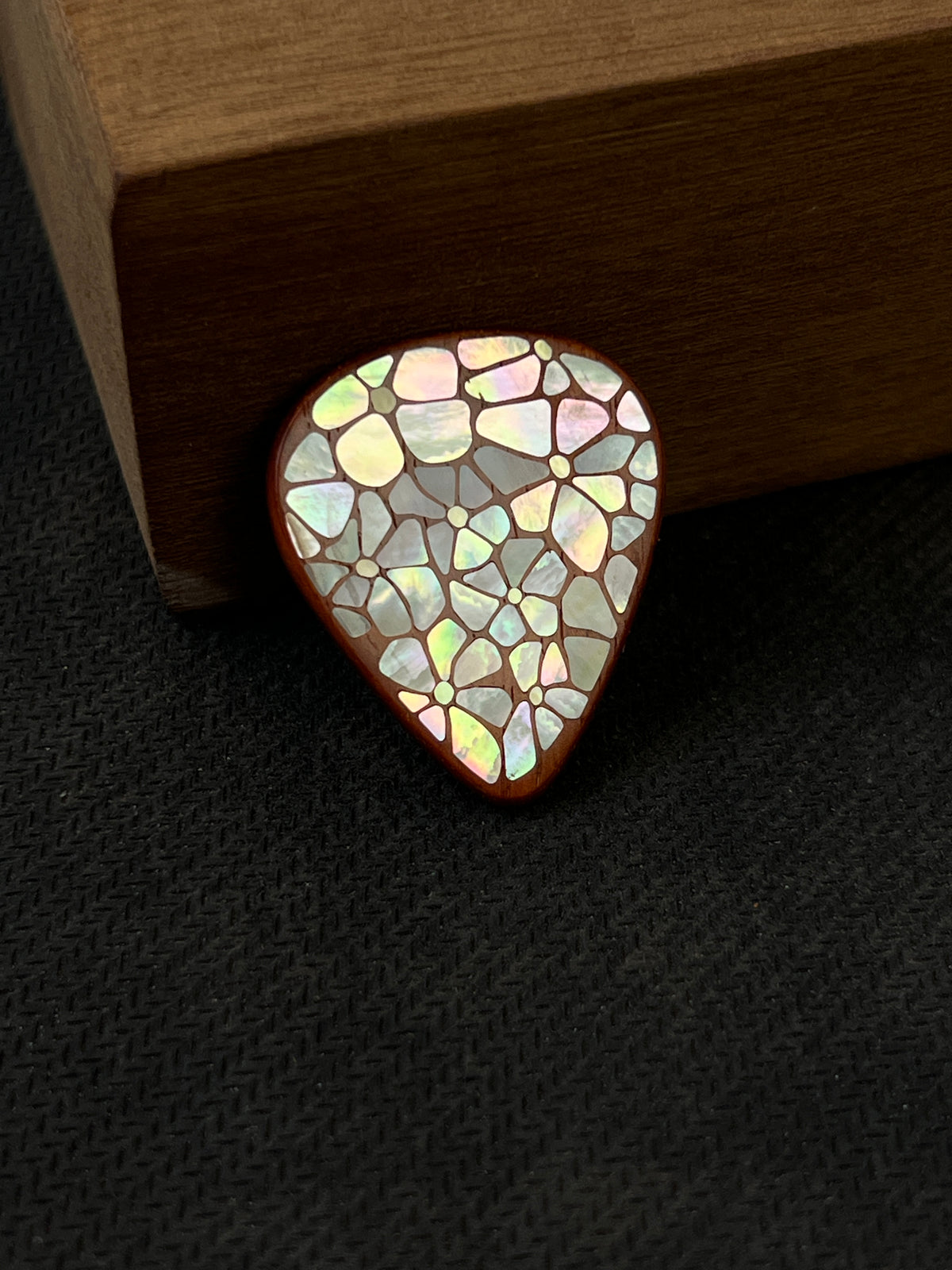 Handmade Wooden Guitar Pick with Floral Mother of Pearl Inlay