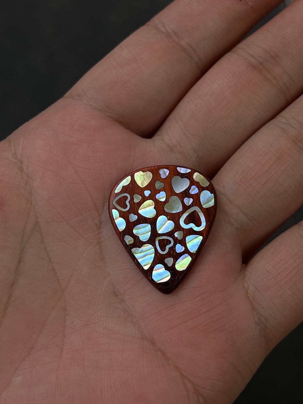Handmade Wooden Guitar Pick with Mother of Pearl Heart Inlay
