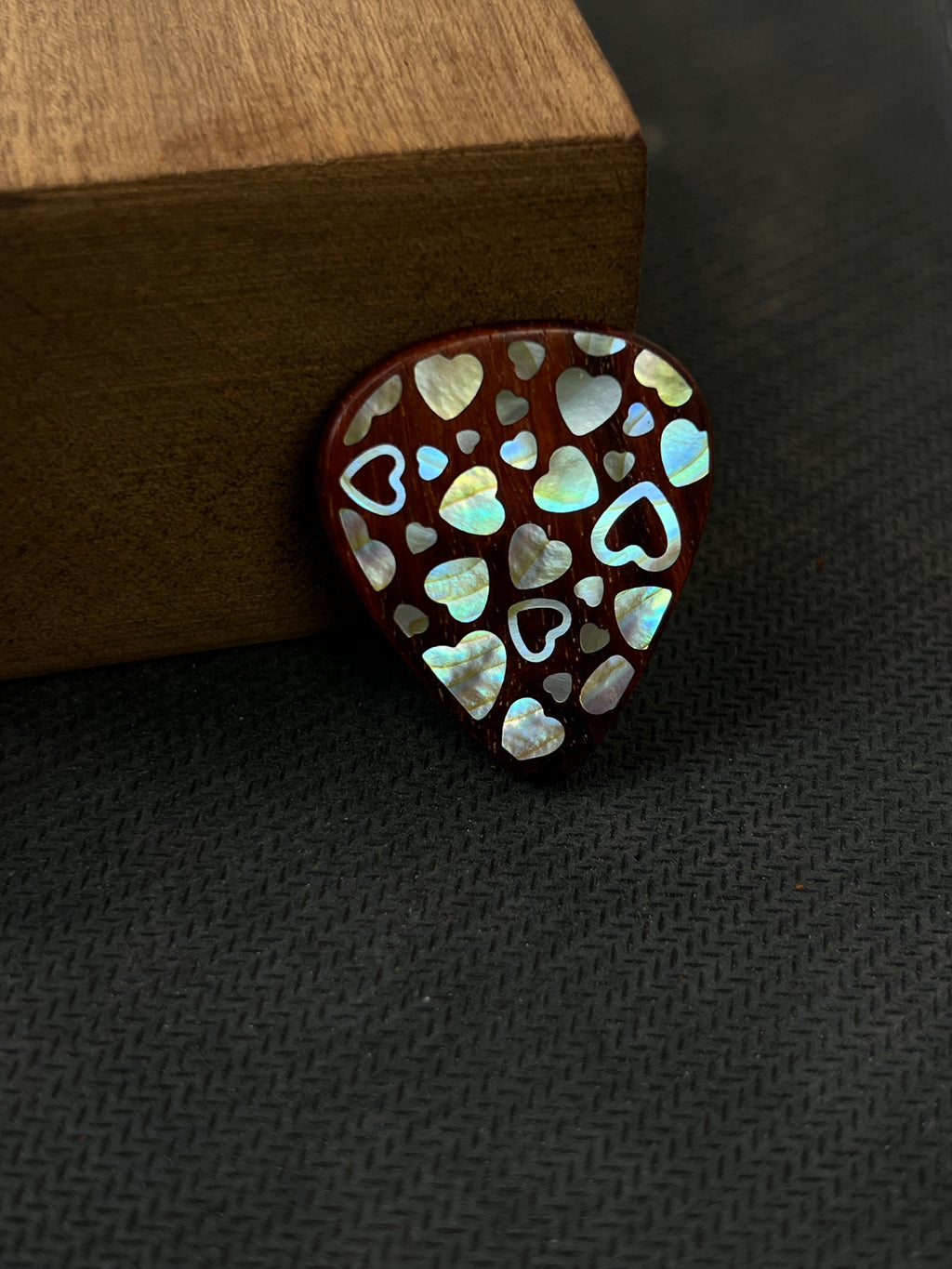 Handmade Wooden Guitar Pick with Mother of Pearl Heart Inlay