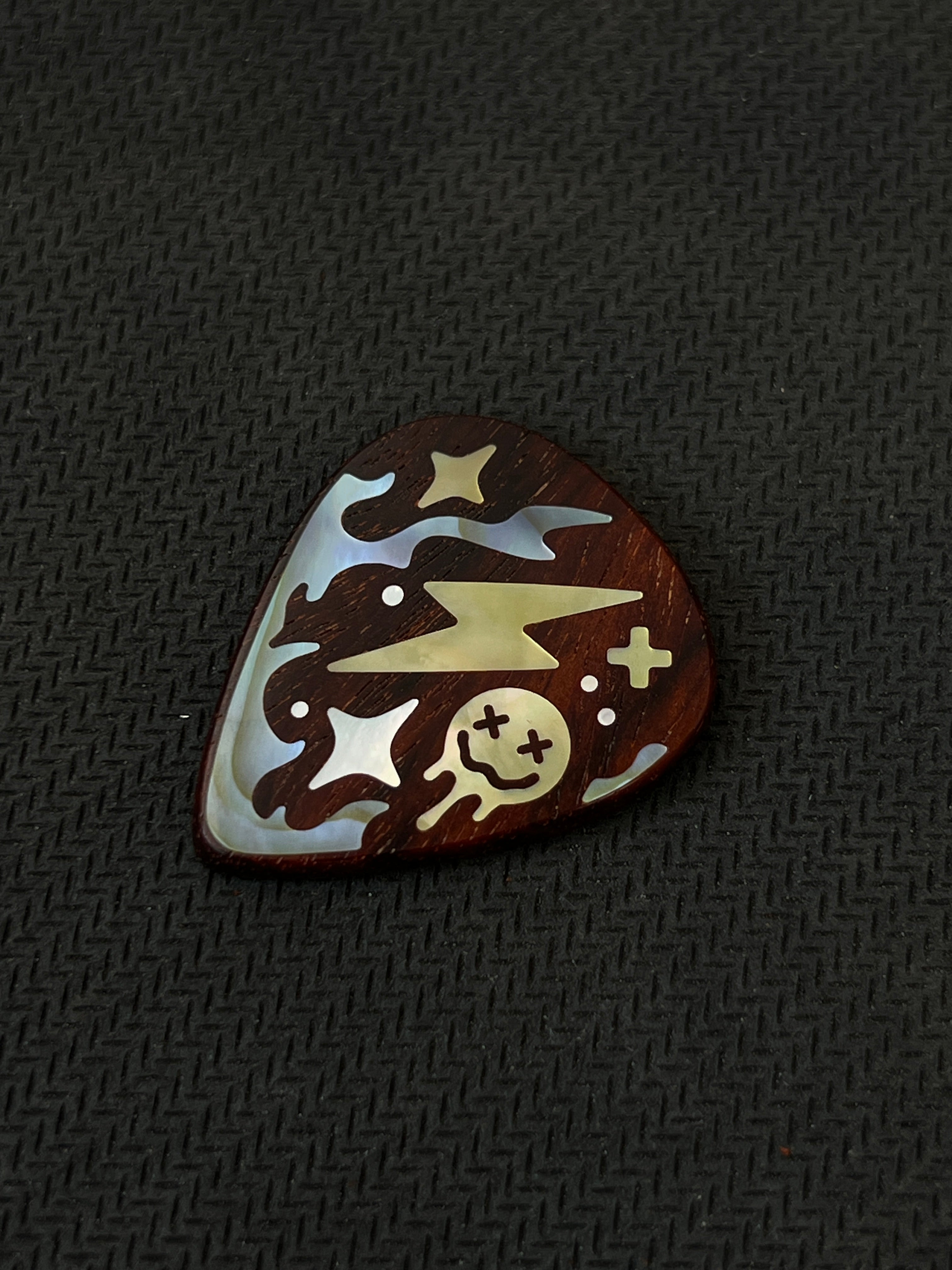 Handmade Wooden Guitar Pick with Mother of Pearl Lightning Inlay