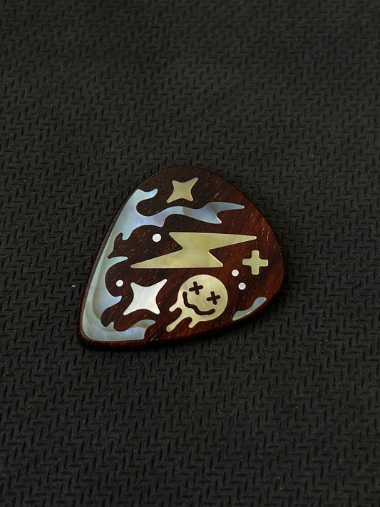 Handmade Wooden Guitar Pick with Mother of Pearl Lightning Inlay