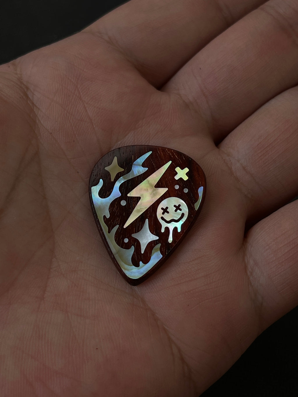 Handmade Wooden Guitar Pick with Mother of Pearl Lightning Inlay