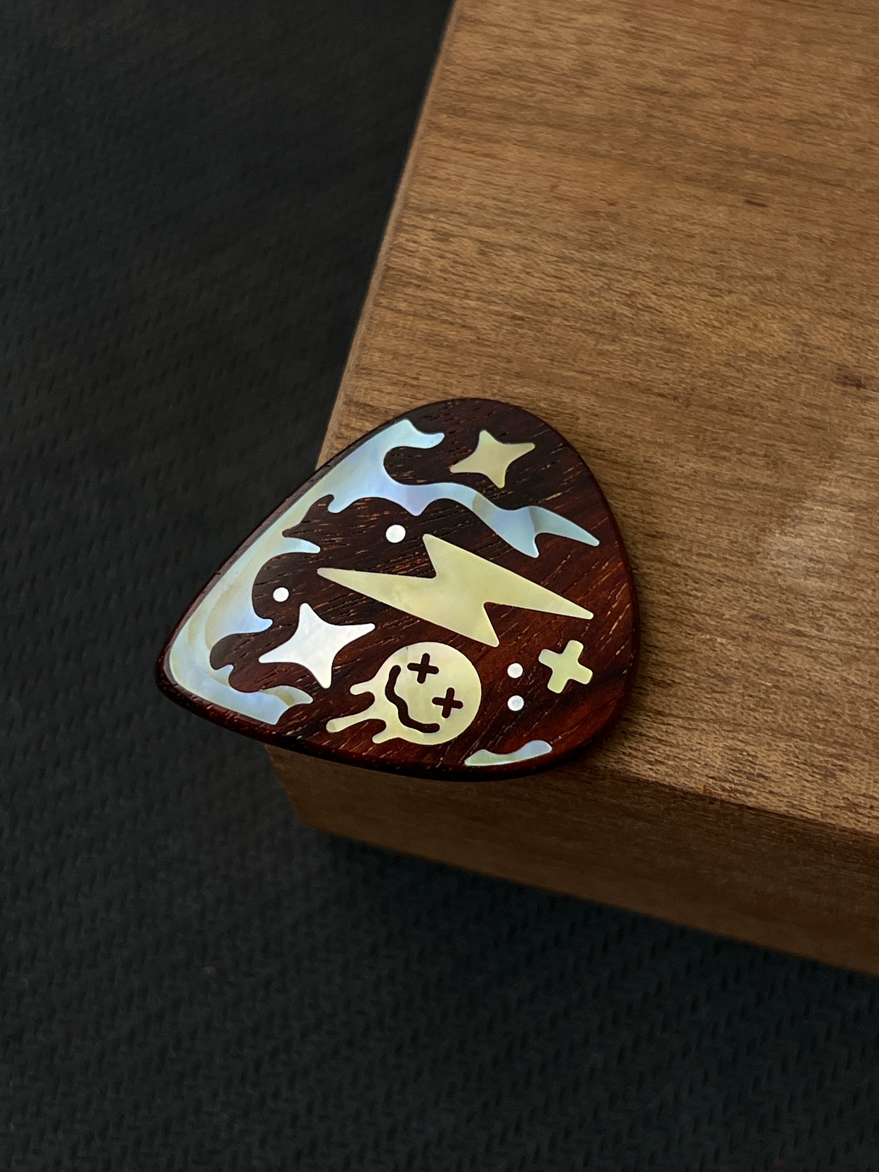 Handmade Wooden Guitar Pick with Mother of Pearl Lightning Inlay