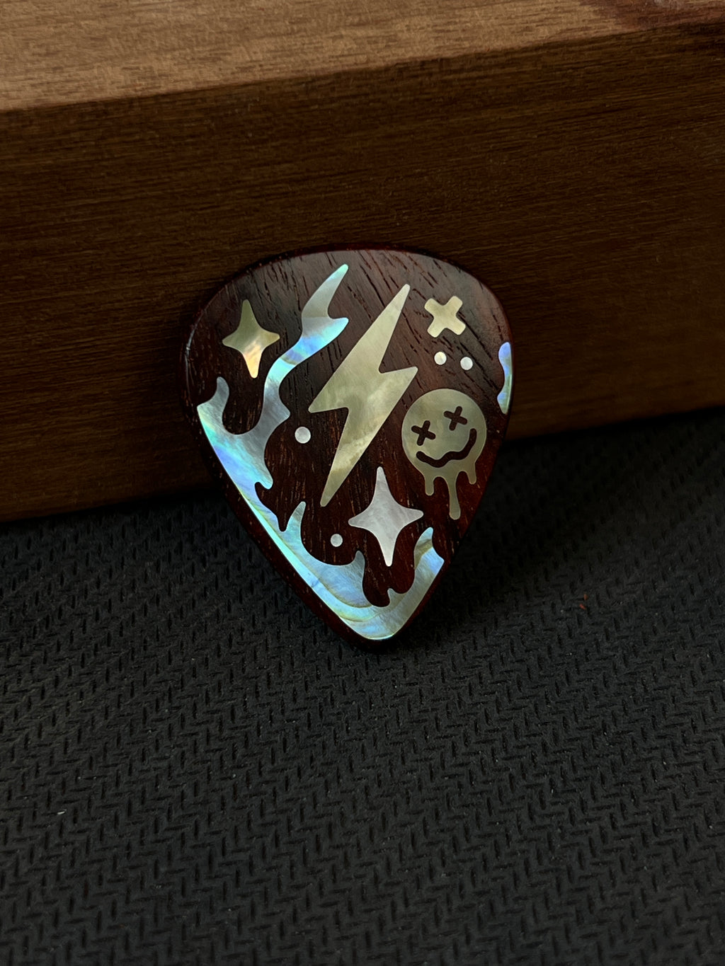 Handmade Wooden Guitar Pick with Mother of Pearl Lightning Inlay