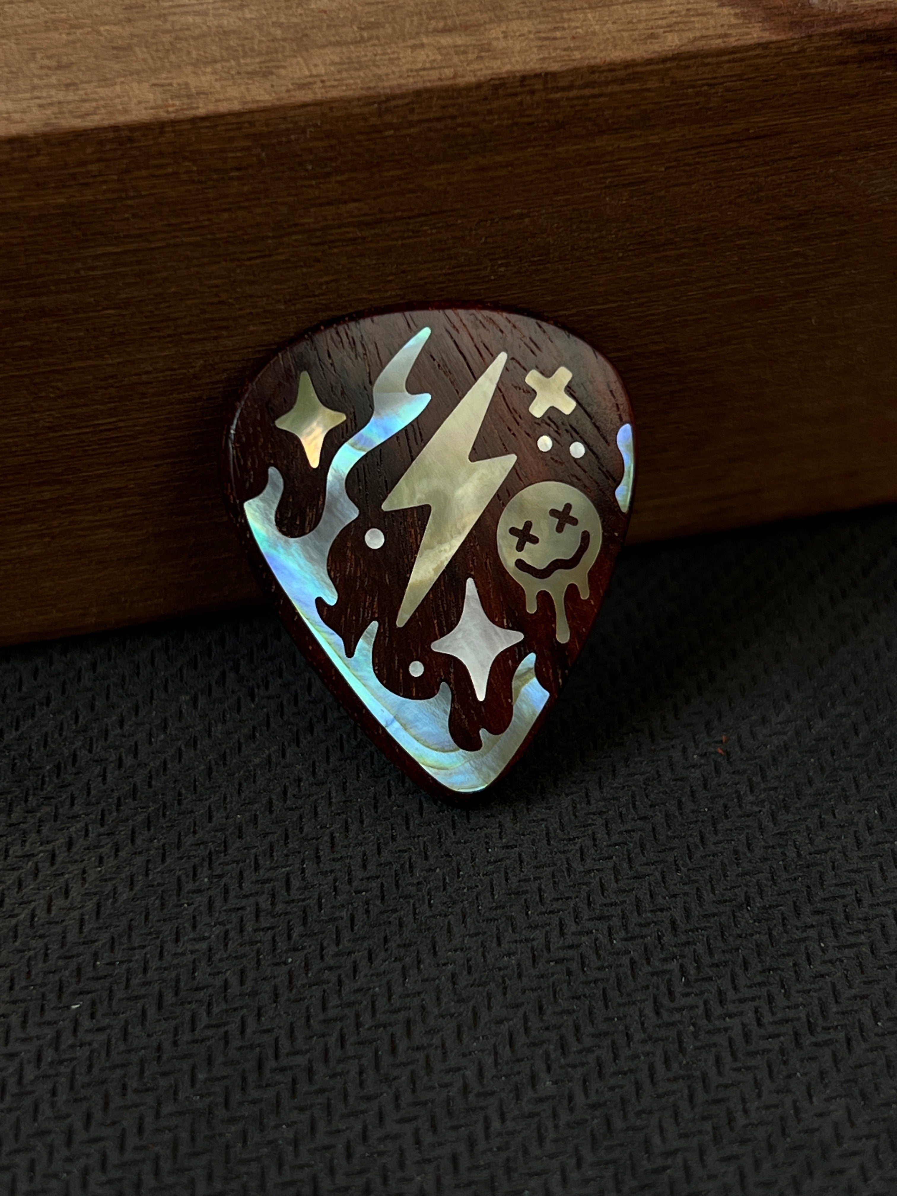 Handmade Wooden Guitar Pick with Mother of Pearl Lightning Inlay