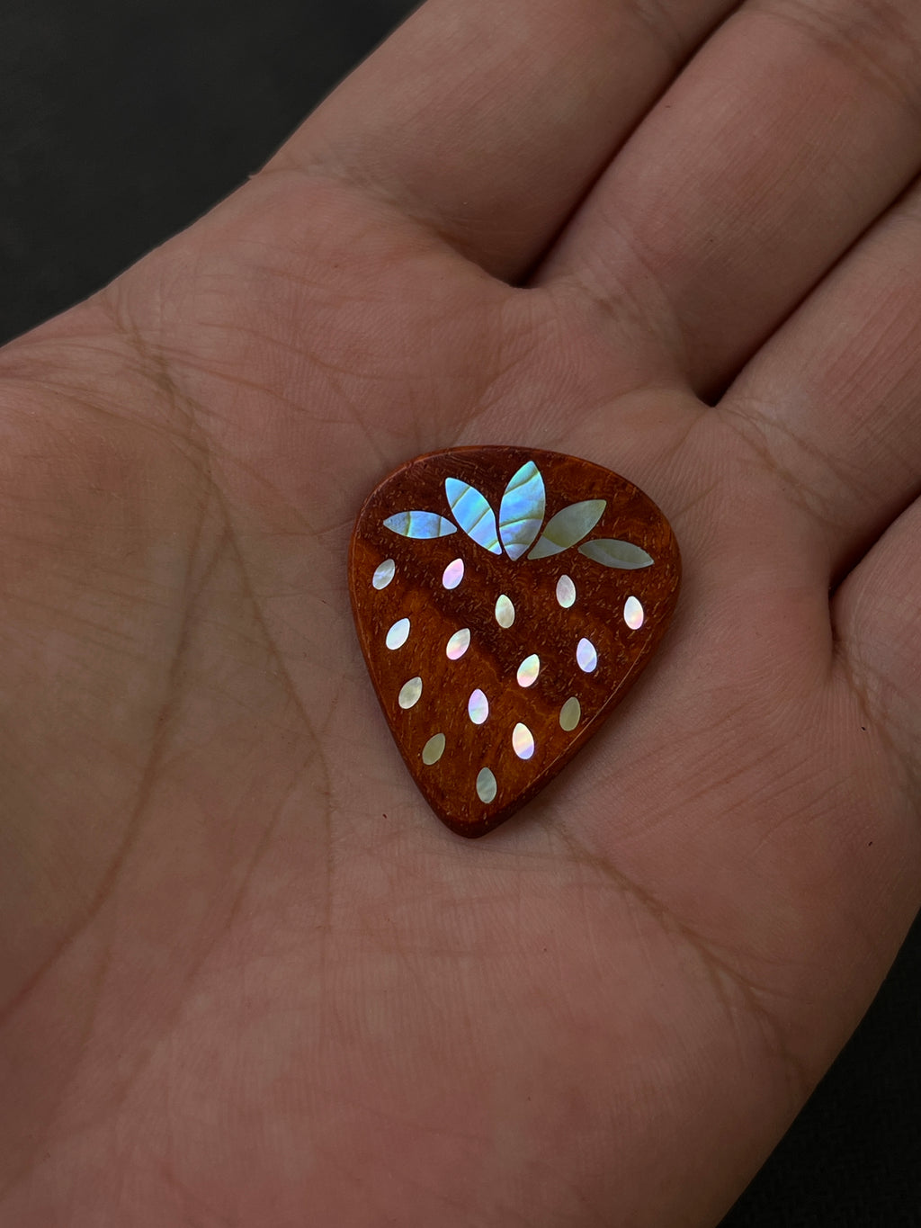Handmade Wooden Guitar Pick with Mother of Pearl Strawberry Inlay