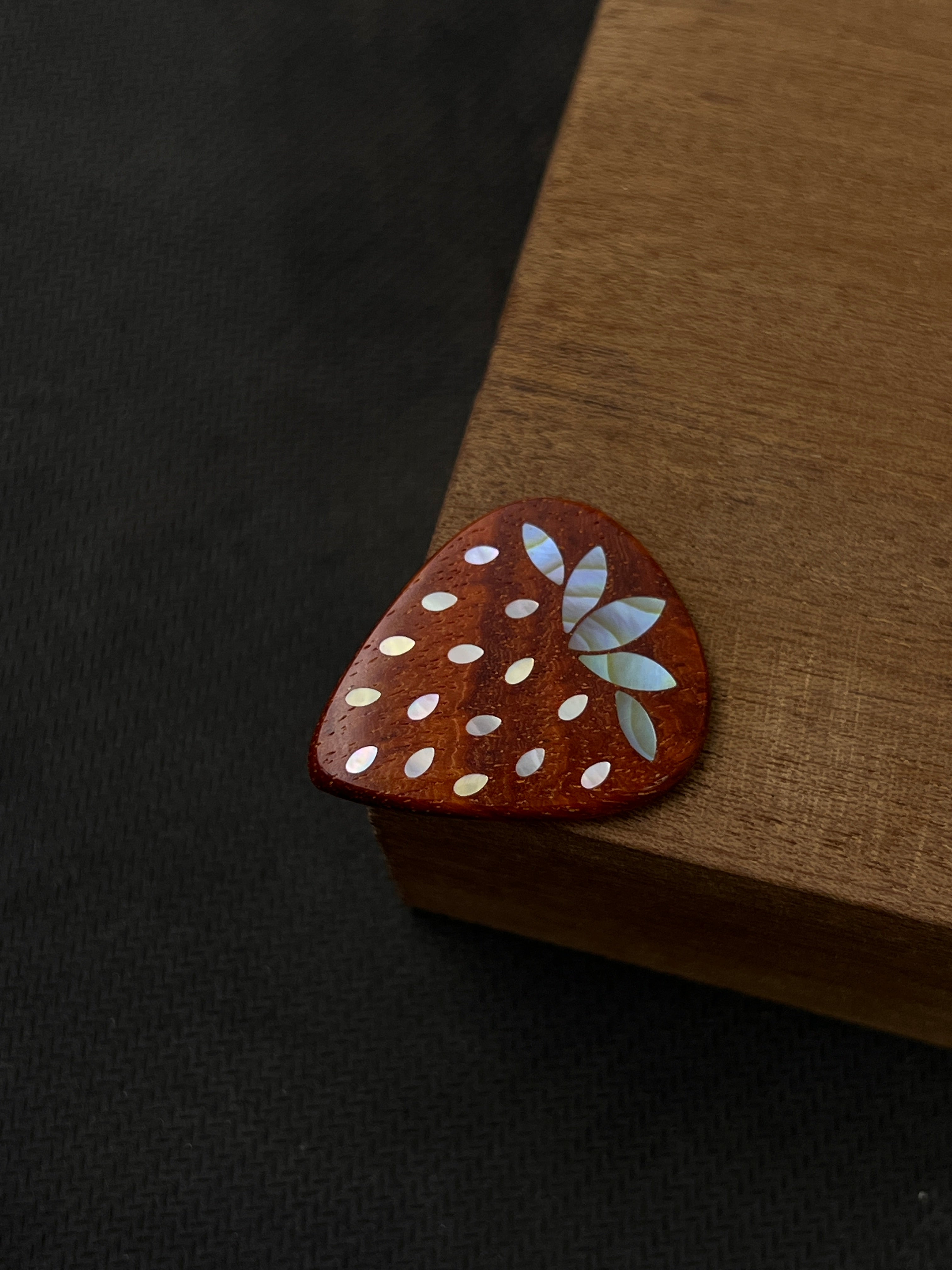 Handmade Wooden Guitar Pick with Mother of Pearl Strawberry Inlay