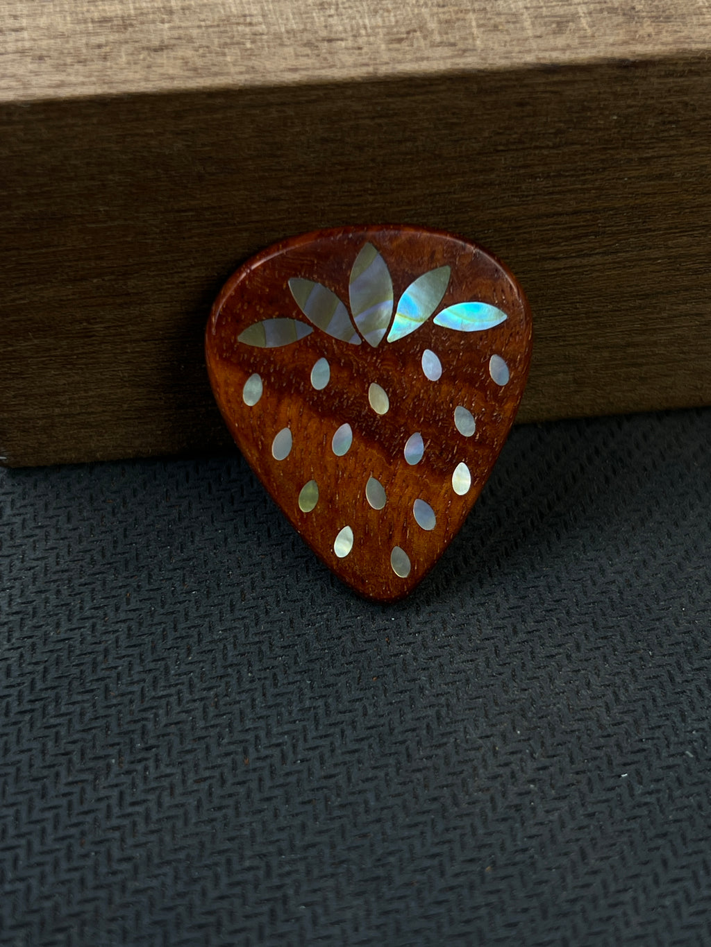 Handmade Wooden Guitar Pick with Mother of Pearl Strawberry Inlay