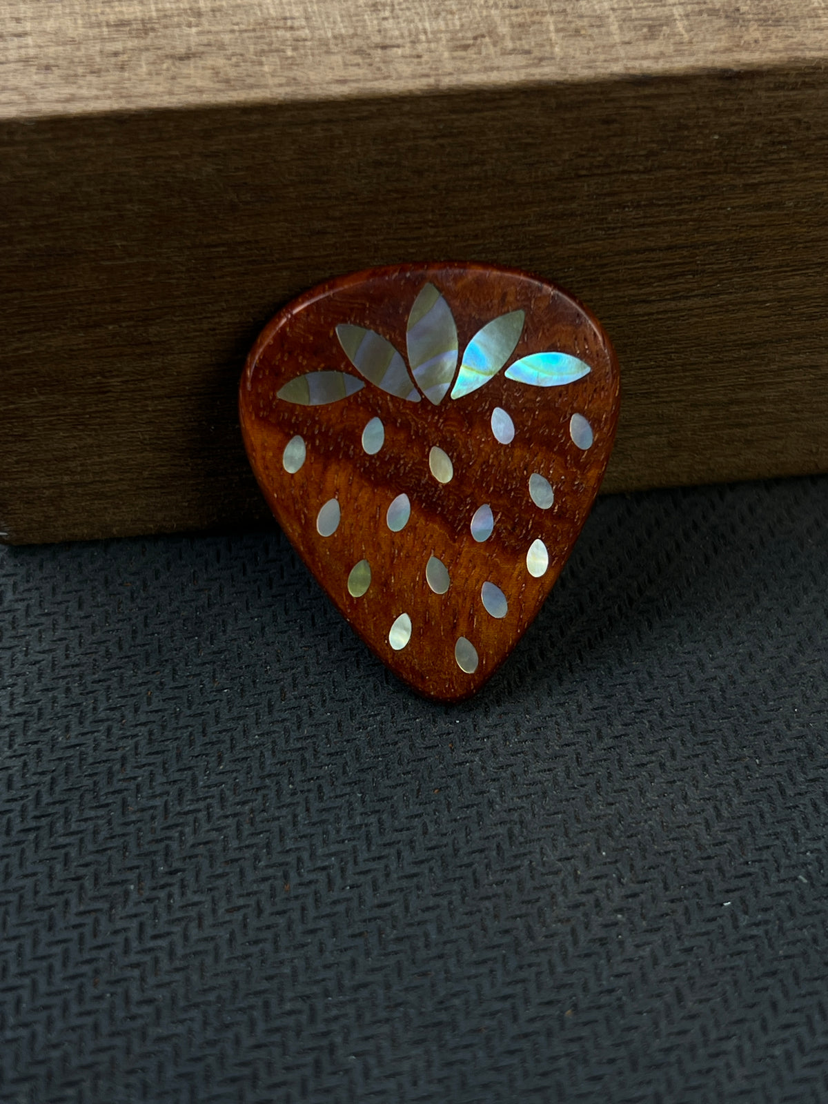 Handmade Wooden Guitar Pick with Mother of Pearl Strawberry Inlay