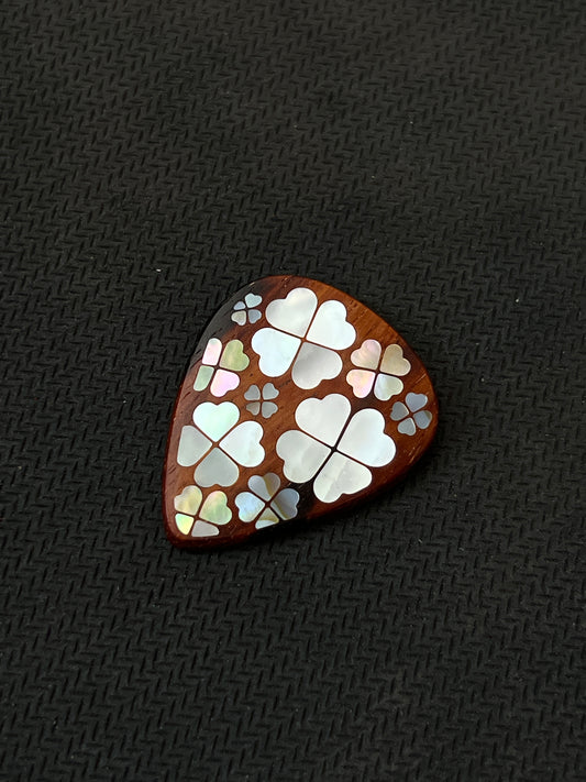Handmade Wooden Guitar Pick with Mother of Pearl Four-Leaf Clover Inlay