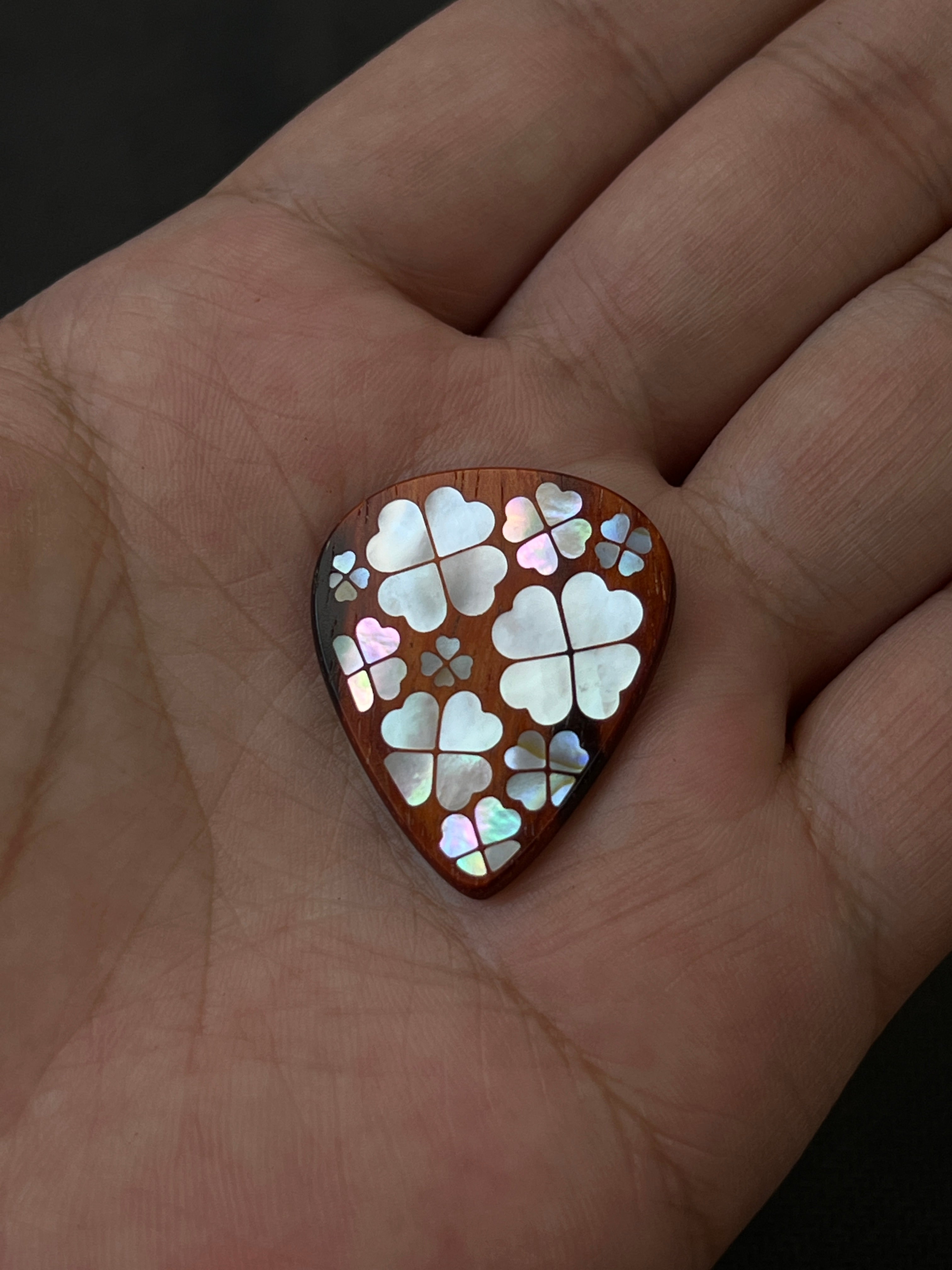 Handmade Wooden Guitar Pick with Mother of Pearl Four-Leaf Clover Inlay