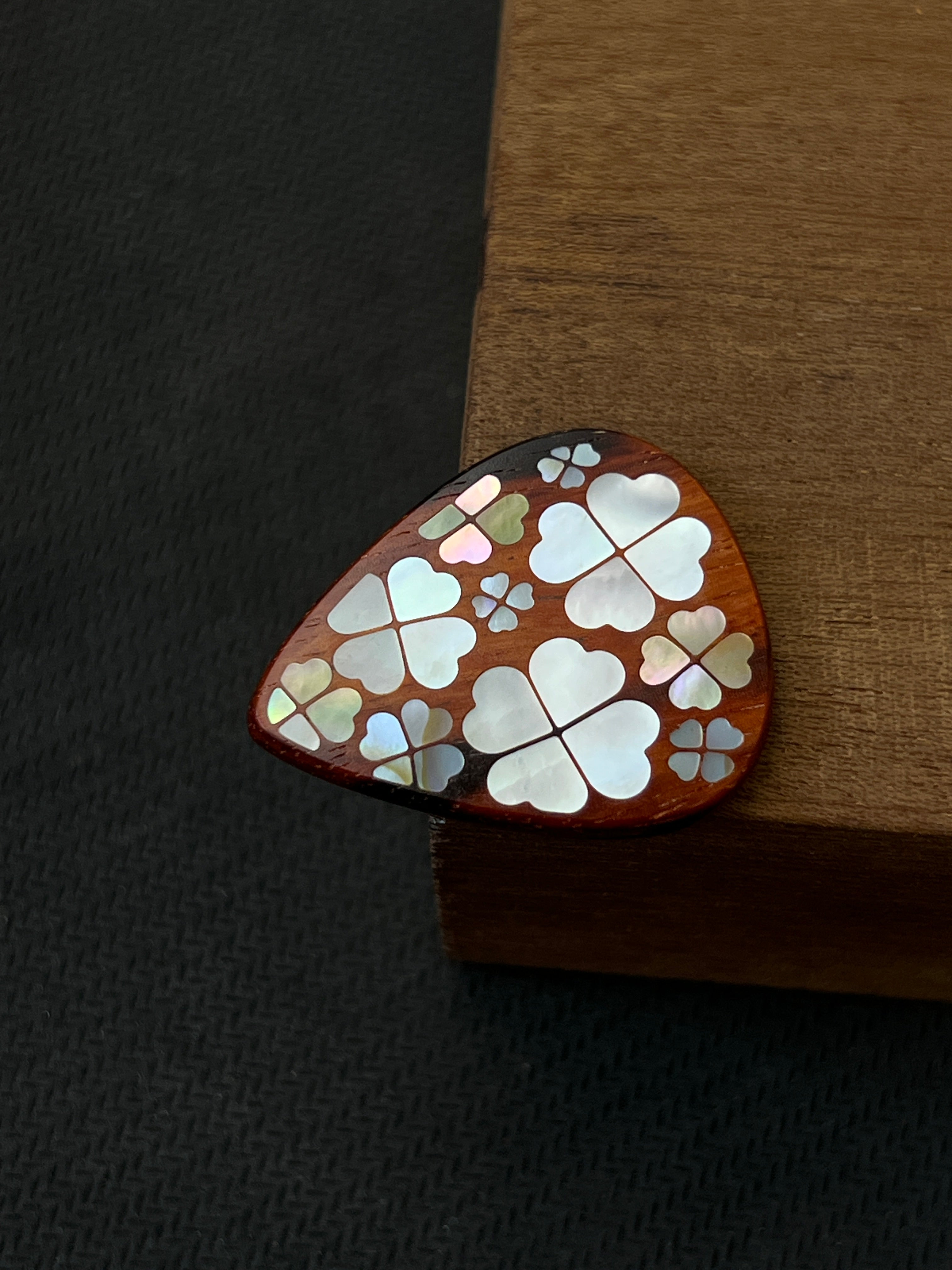 Handmade Wooden Guitar Pick with Mother of Pearl Four-Leaf Clover Inlay