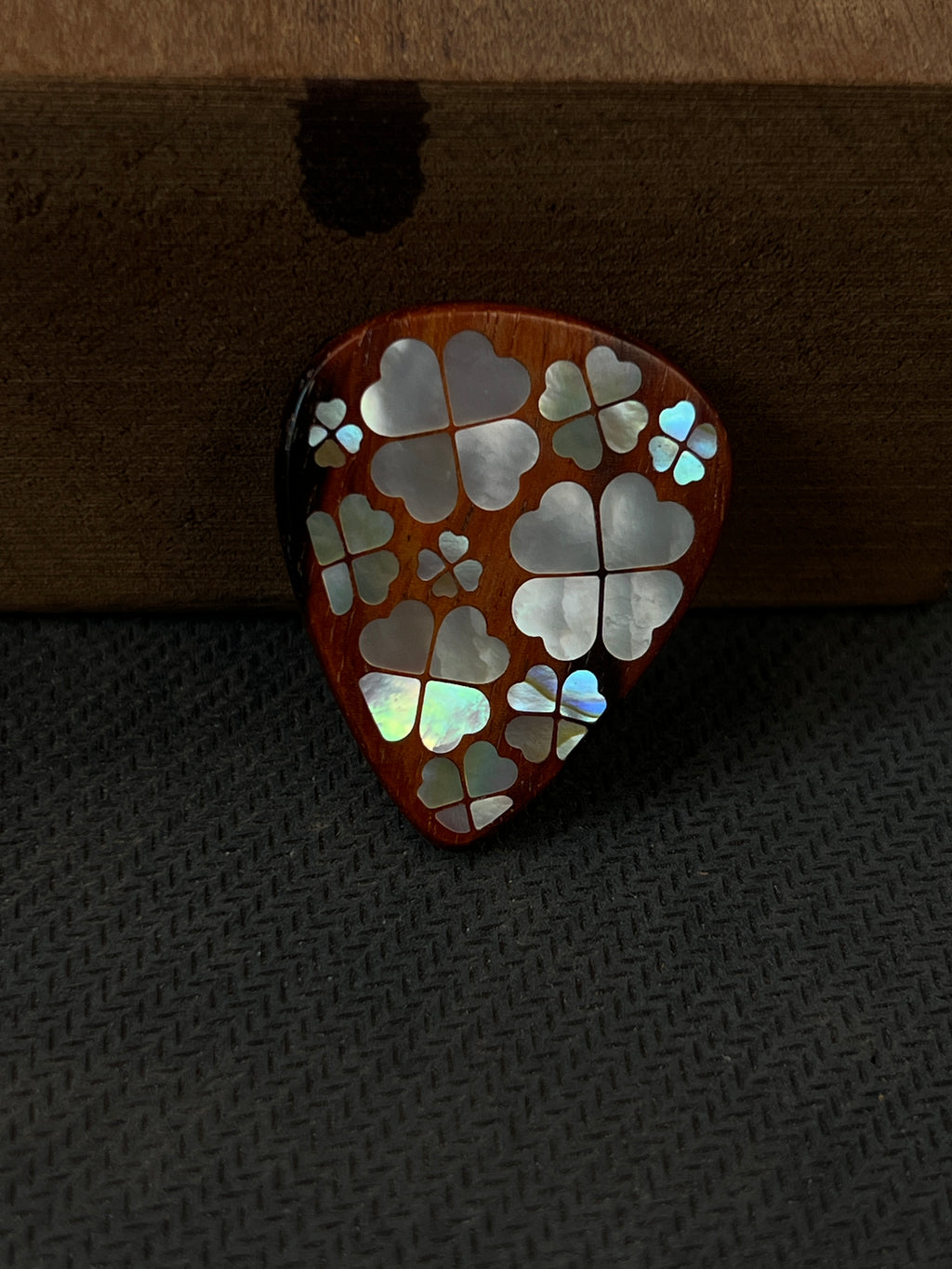 Handmade Wooden Guitar Pick with Mother of Pearl Four-Leaf Clover Inlay