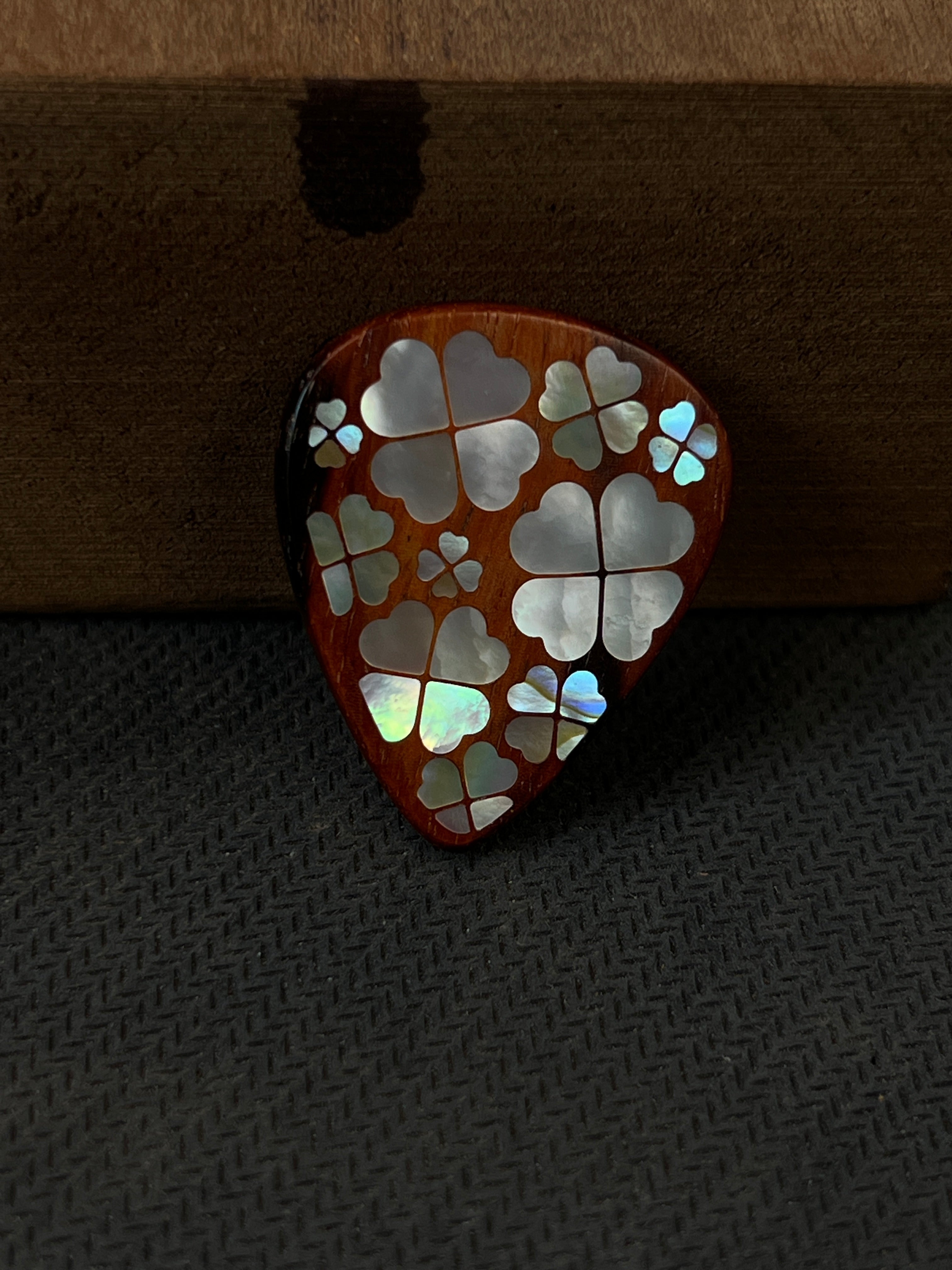 Handmade Wooden Guitar Pick with Mother of Pearl Four-Leaf Clover Inlay