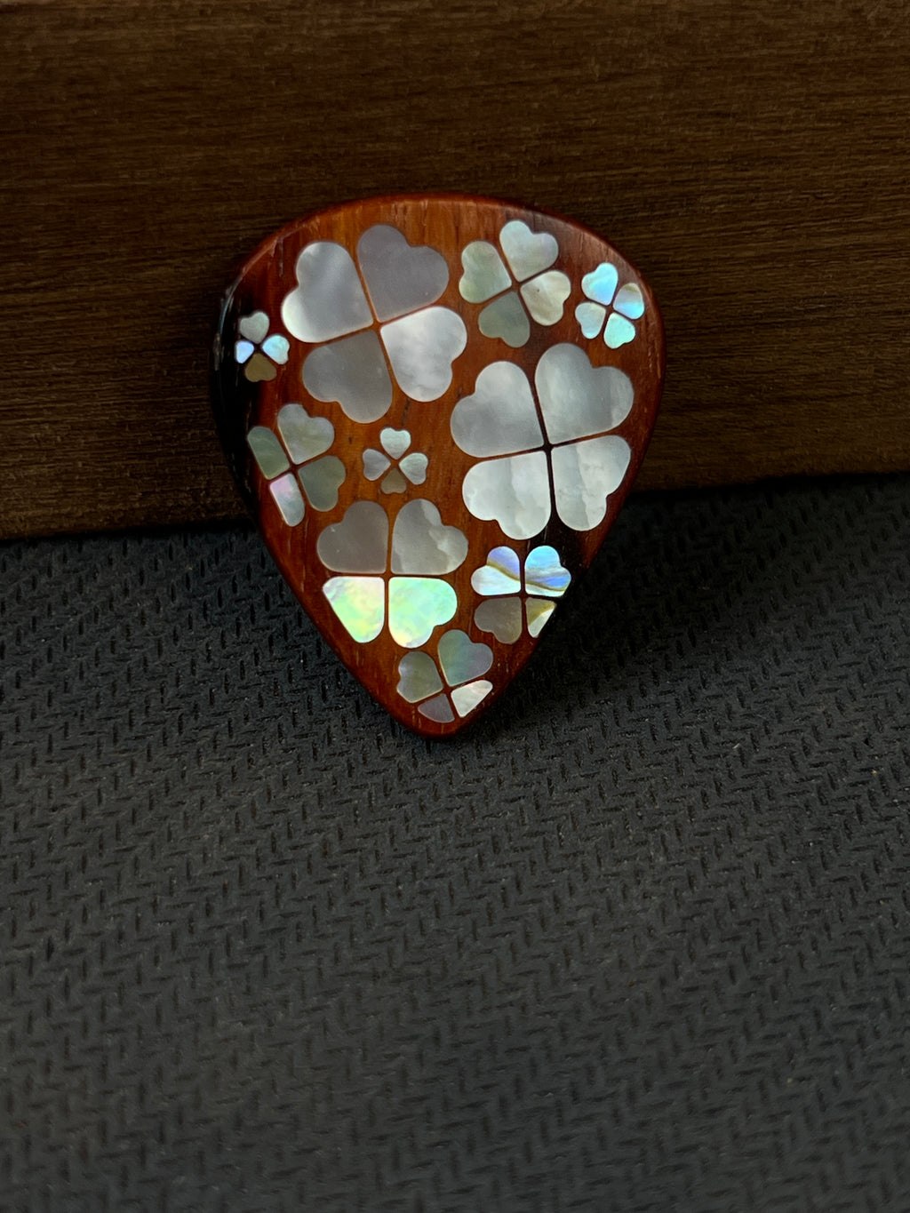 Handmade Wooden Guitar Pick with Mother of Pearl Four-Leaf Clover Inlay