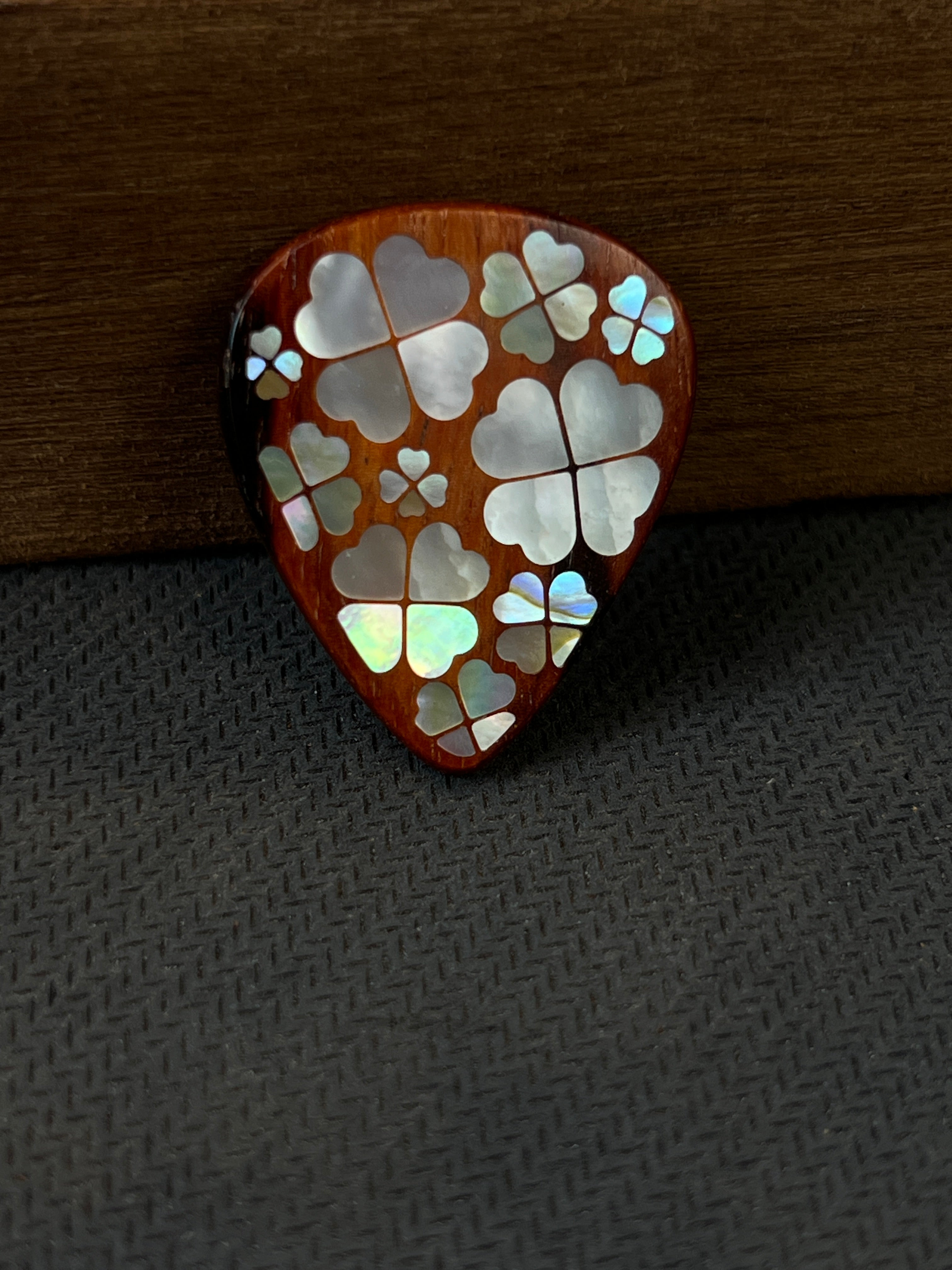 Handmade Wooden Guitar Pick with Mother of Pearl Four-Leaf Clover Inlay