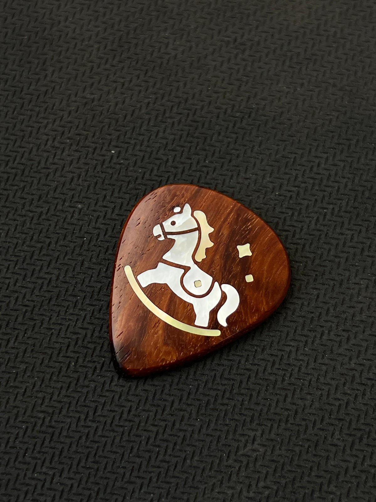 Handmade Wooden Guitar Pick with Mother of Pearl Rocking Horse Inlay
