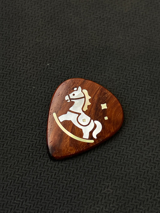 Handmade Wooden Guitar Pick with Mother of Pearl Rocking Horse Inlay