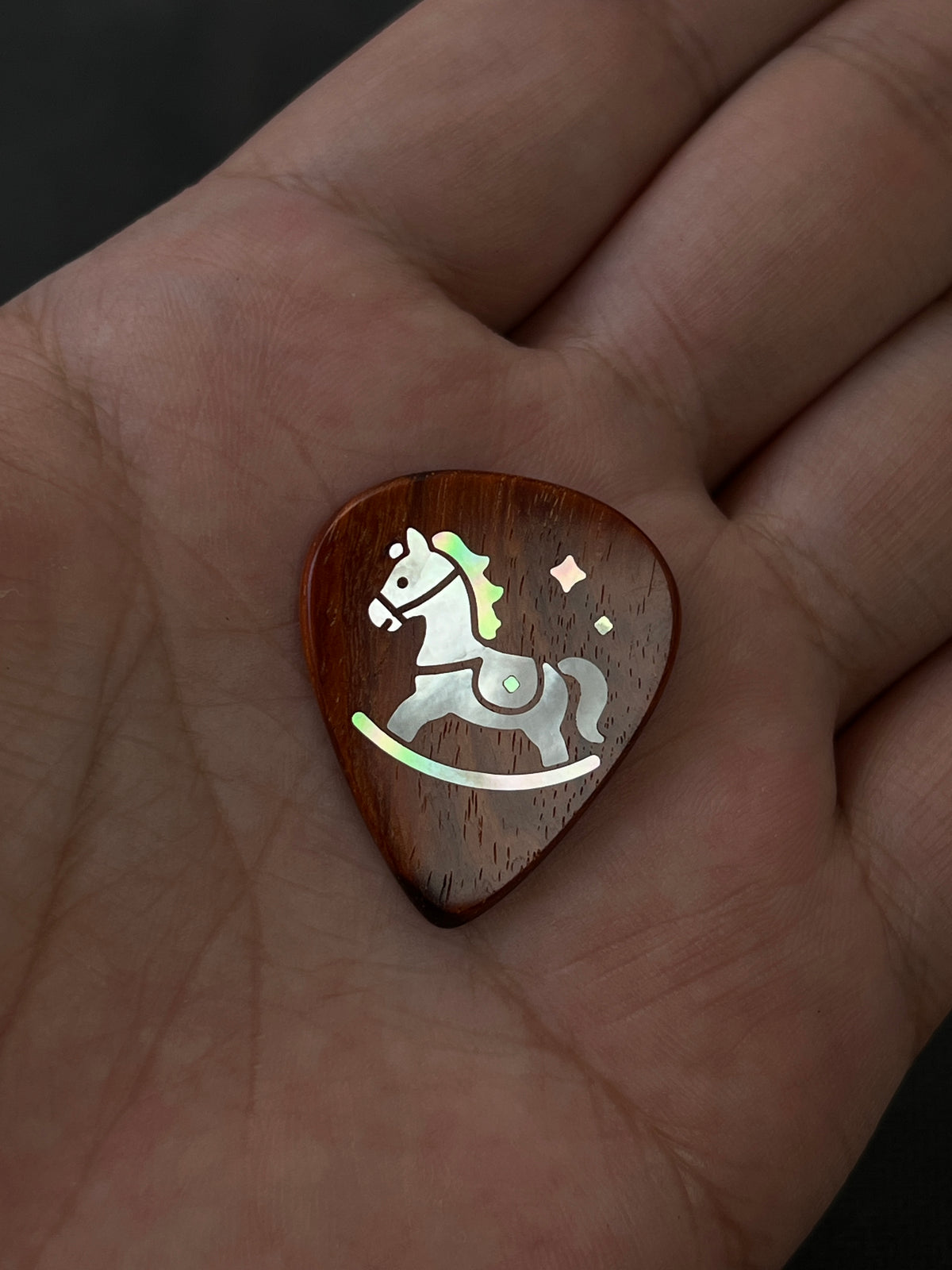 Handmade Wooden Guitar Pick with Mother of Pearl Rocking Horse Inlay