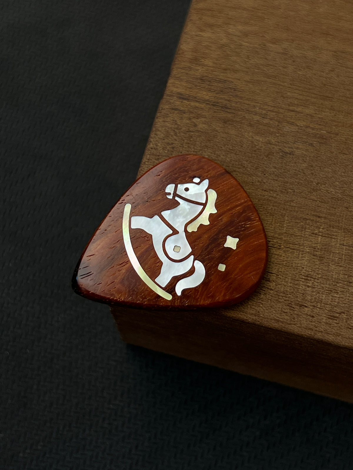 Handmade Wooden Guitar Pick with Mother of Pearl Rocking Horse Inlay