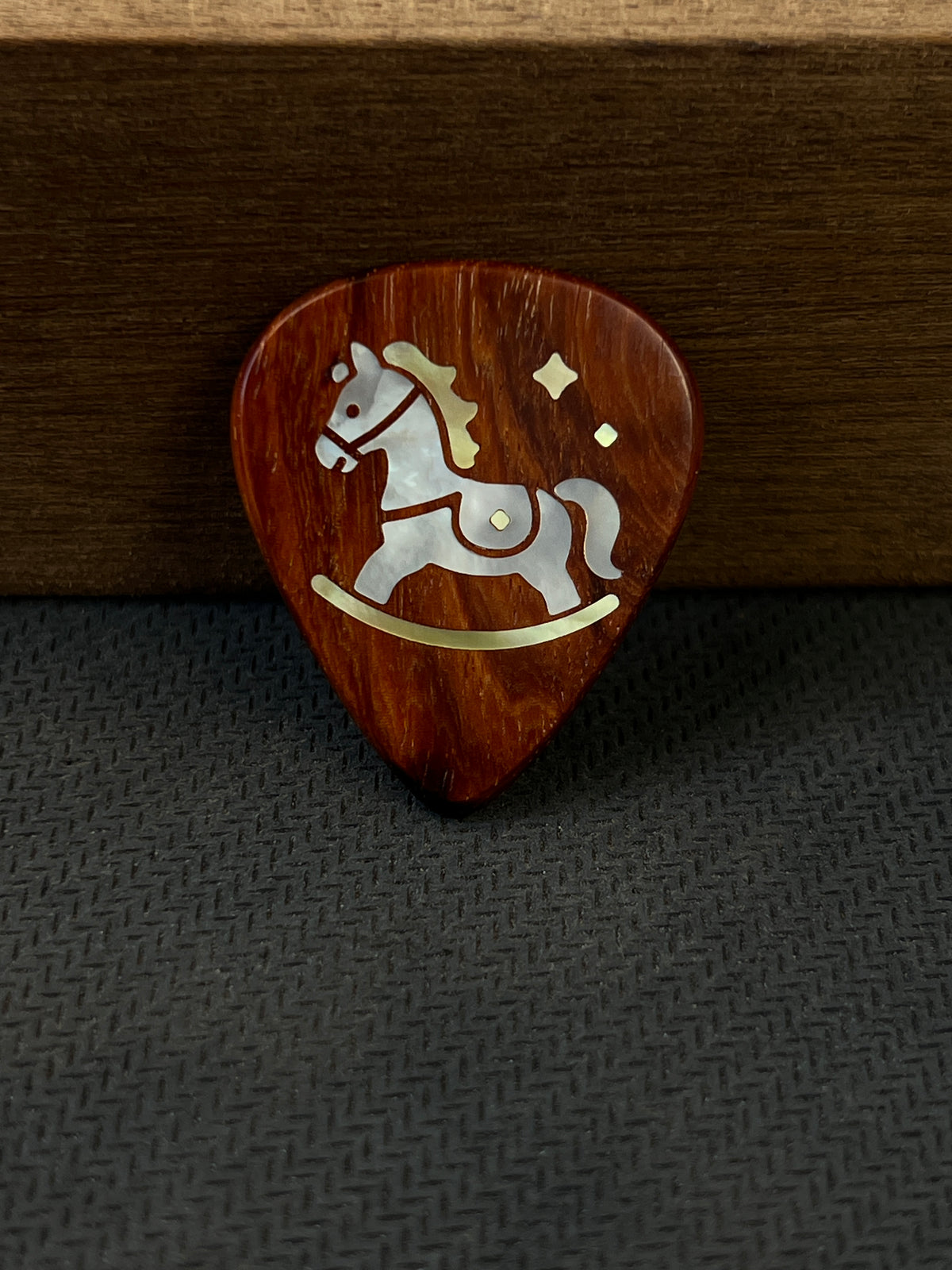Handmade Wooden Guitar Pick with Mother of Pearl Rocking Horse Inlay