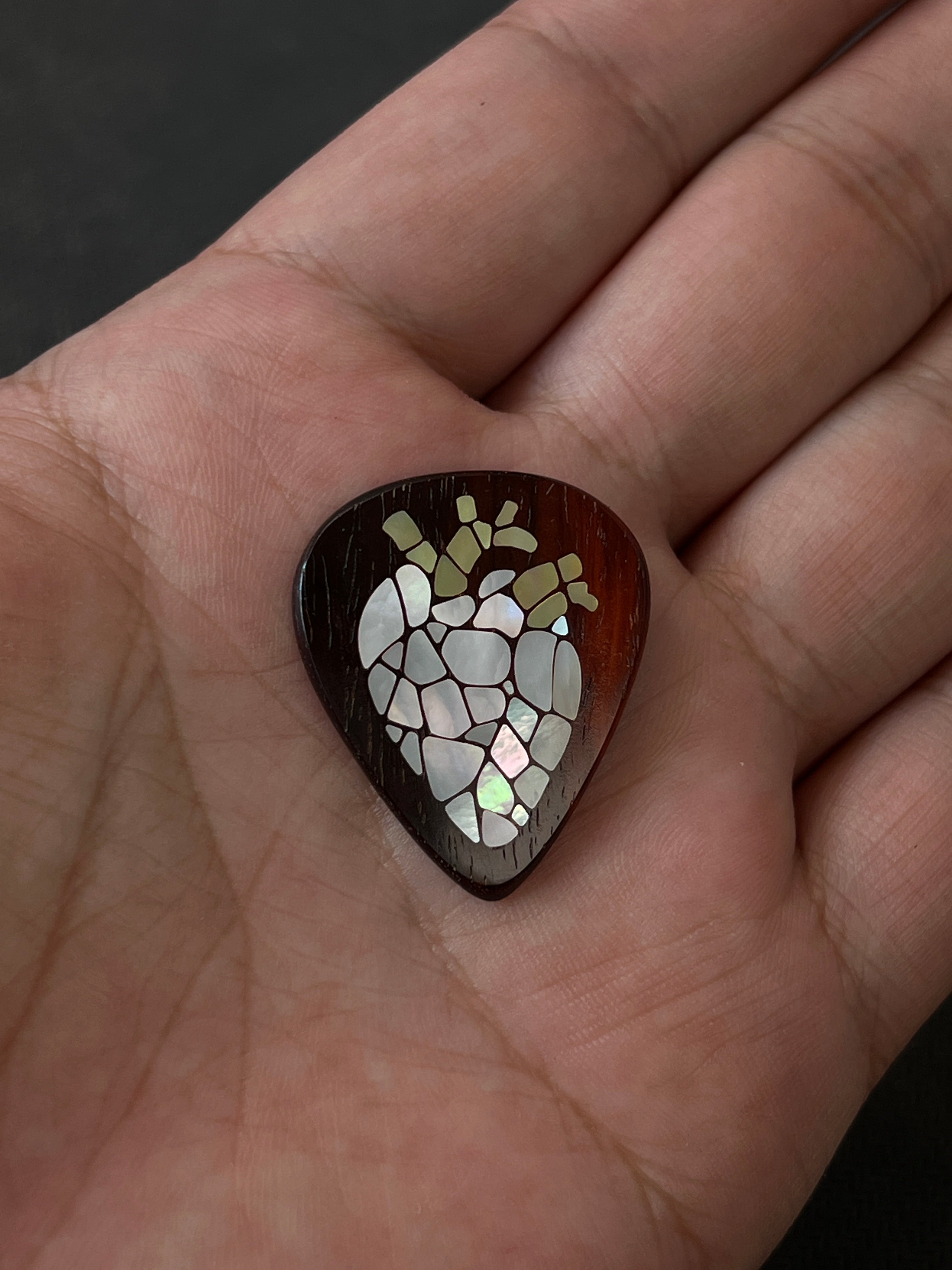 Handcrafted Rosewood Guitar Pick with Shell Inlay, Geometric Design