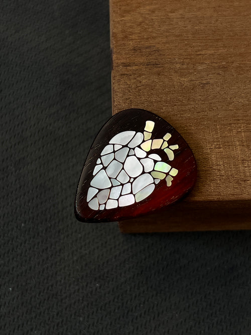 Handcrafted Rosewood Guitar Pick with Shell Inlay, Geometric Design