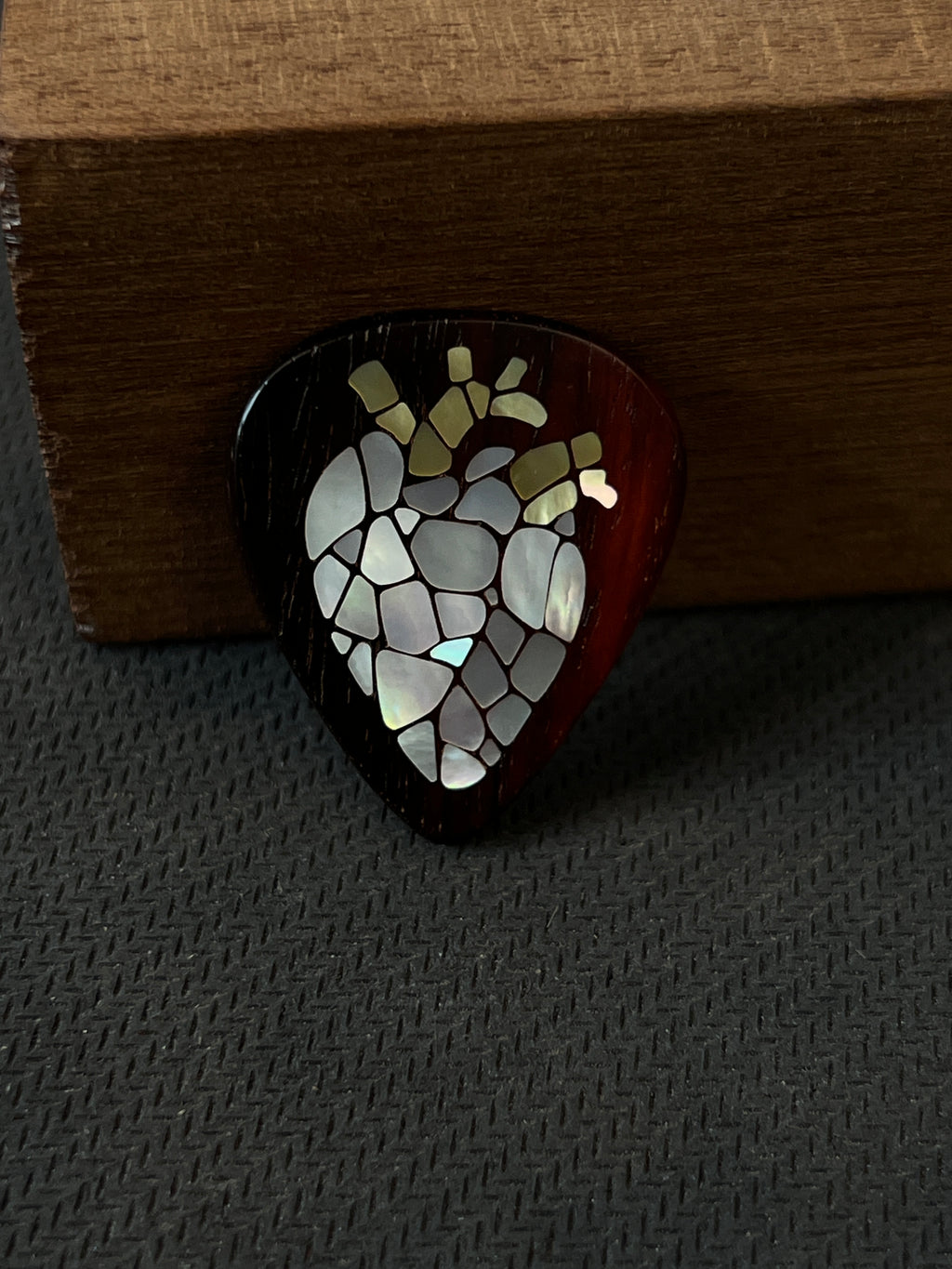 Handcrafted Rosewood Guitar Pick with Shell Inlay, Geometric Design