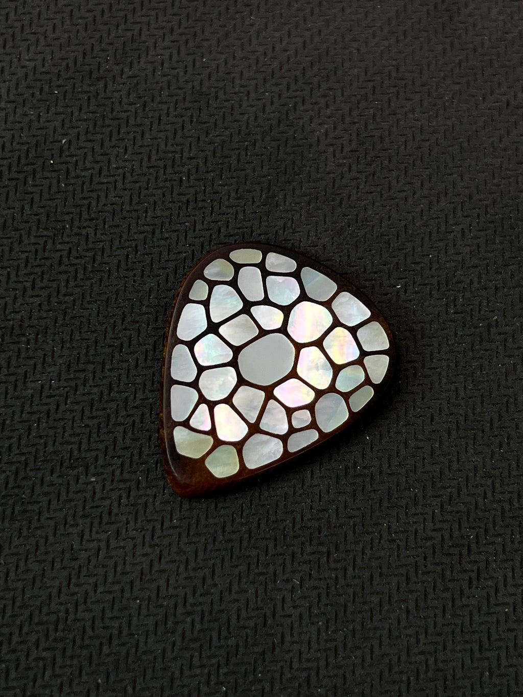 Handmade Wooden Guitar Pick with Mother of Pearl Shattered Ice Inlay