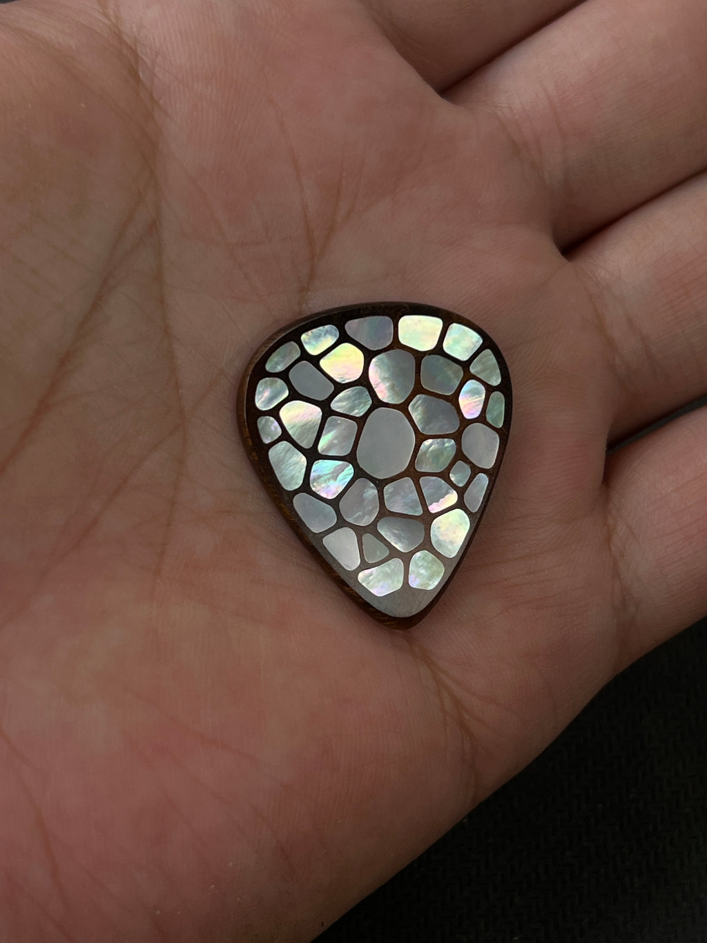 Handmade Wooden Guitar Pick with Mother of Pearl Shattered Ice Inlay