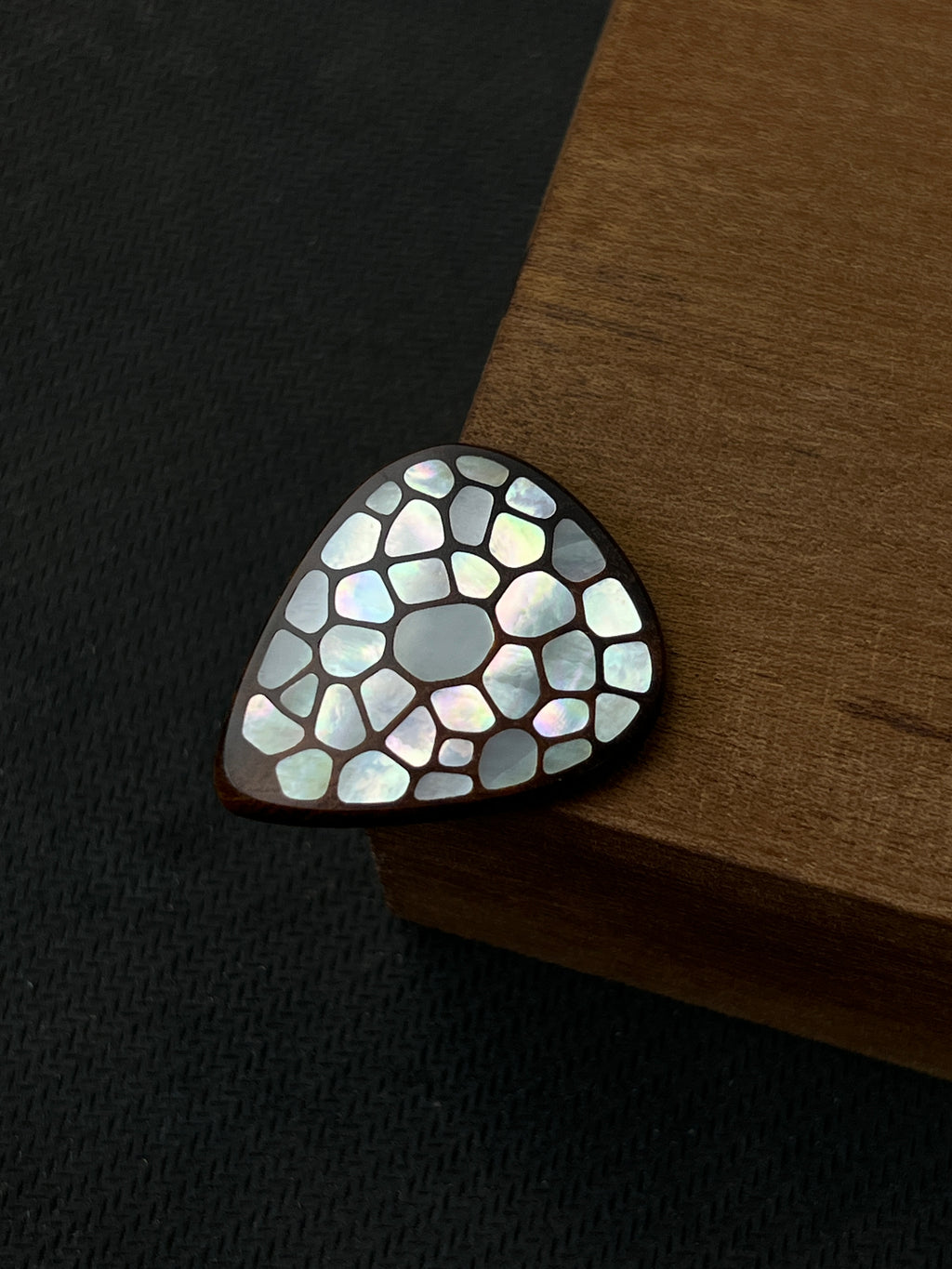 Handmade Wooden Guitar Pick with Mother of Pearl Shattered Ice Inlay