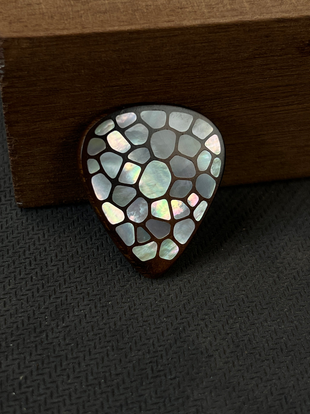Handmade Wooden Guitar Pick with Mother of Pearl Shattered Ice Inlay