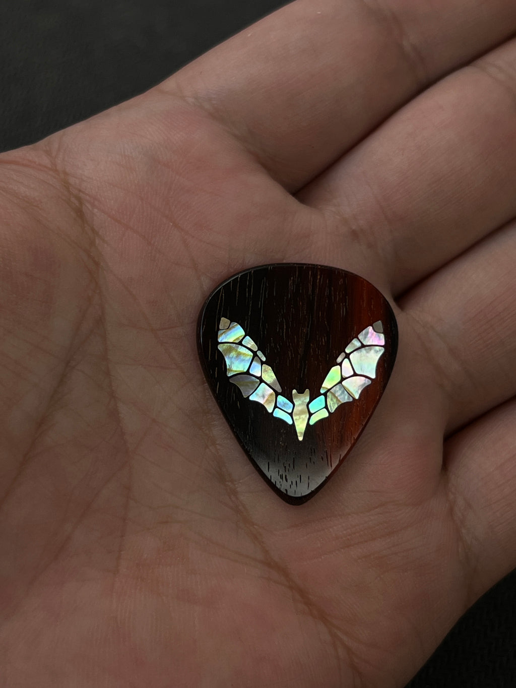Handmade Wooden Guitar Pick with Mother of Pearl Bat Inlay