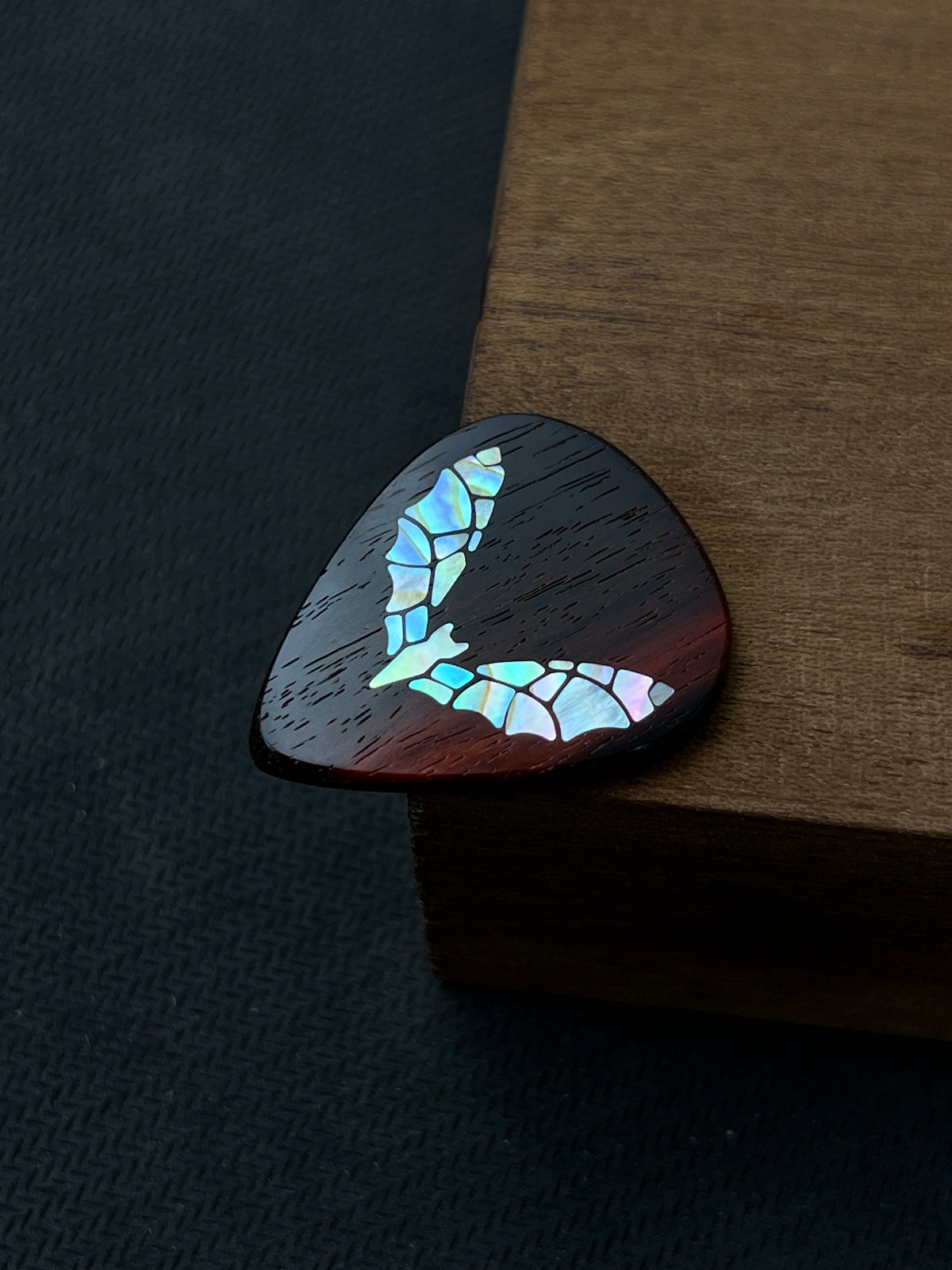 Handmade Wooden Guitar Pick with Mother of Pearl Bat Inlay