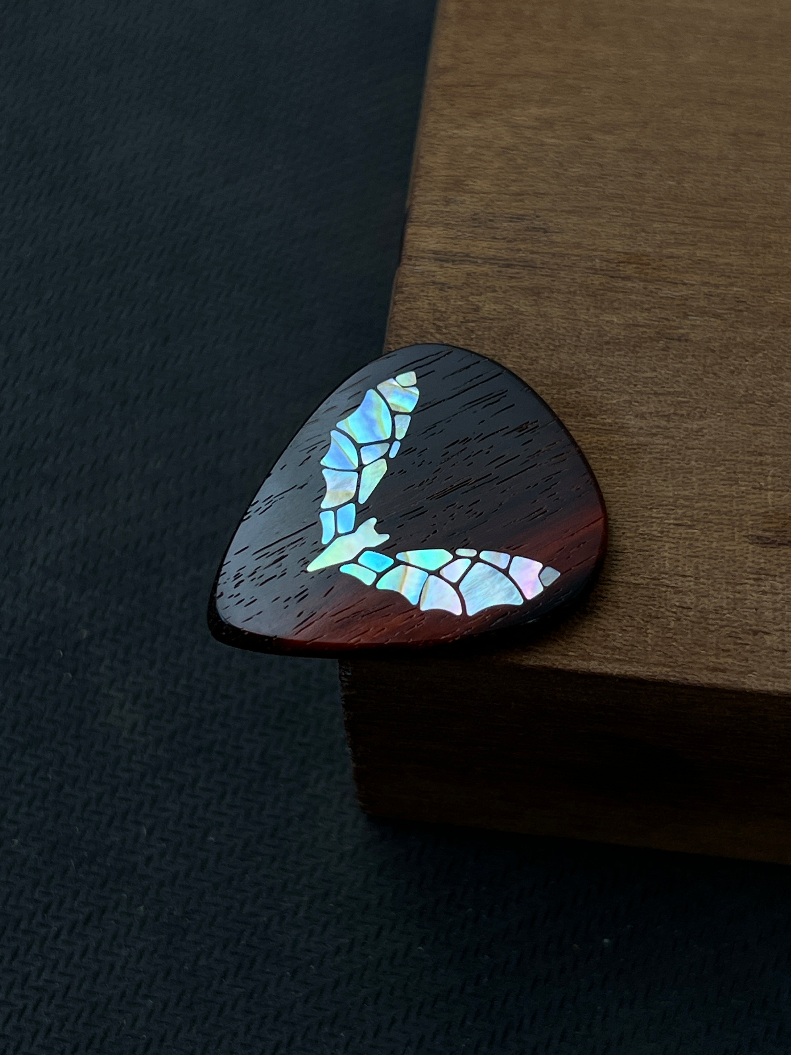 Handmade Wooden Guitar Pick with Mother of Pearl Bat Inlay