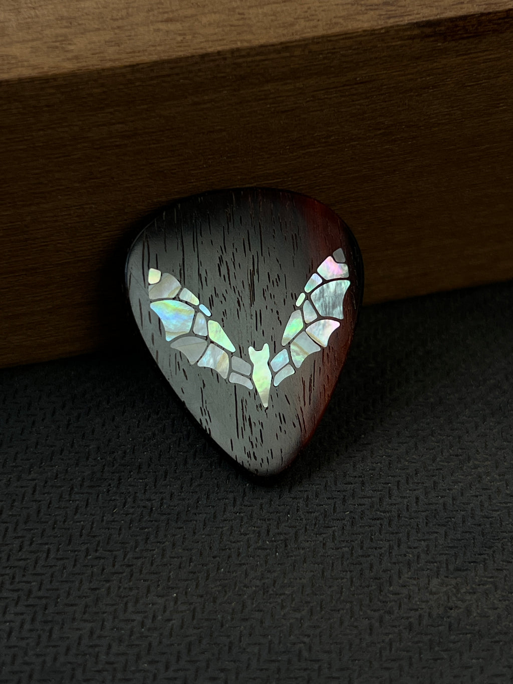 Handmade Wooden Guitar Pick with Mother of Pearl Bat Inlay