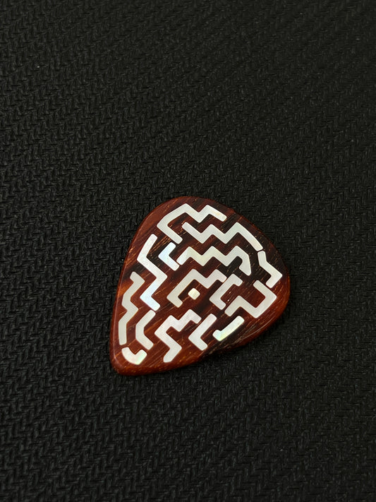 Handmade Wooden Guitar Pick with Mother of Pearl Maze Inlay
