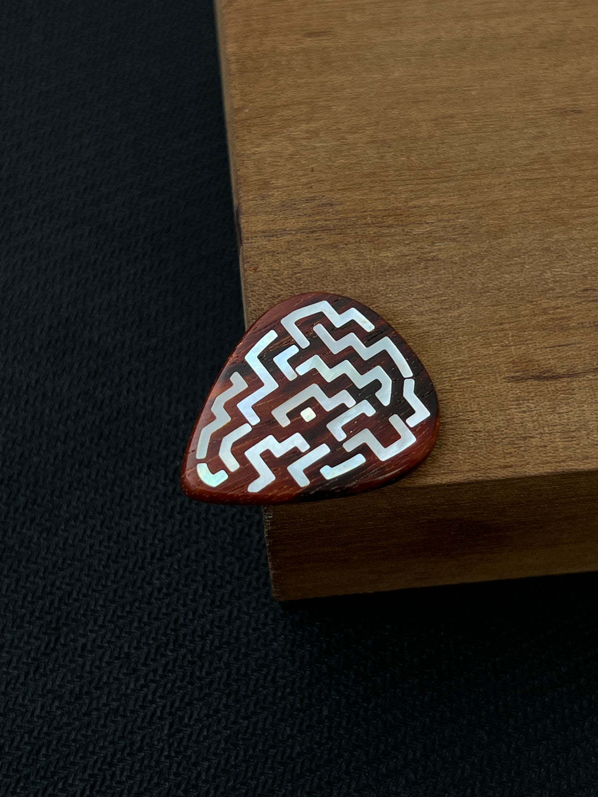 Handmade Wooden Guitar Pick with Mother of Pearl Maze Inlay