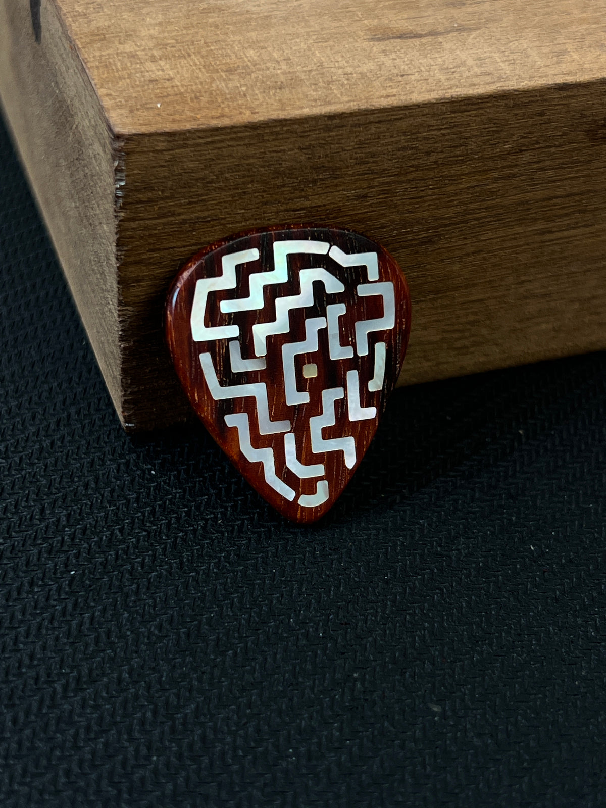 Handmade Wooden Guitar Pick with Mother of Pearl Maze Inlay